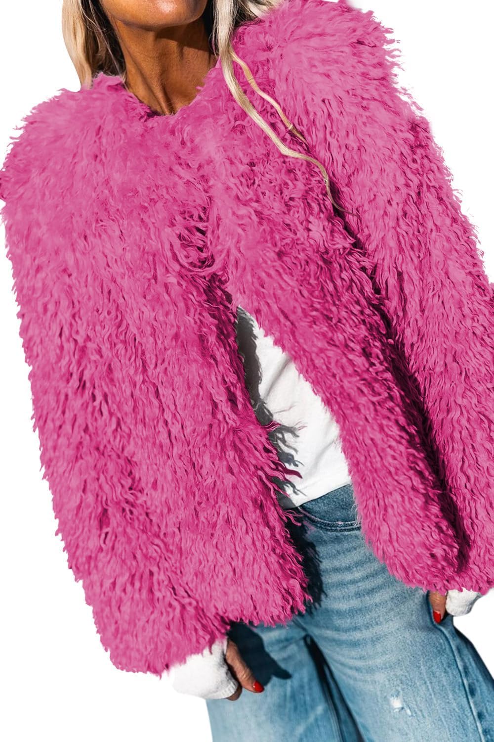 Aoang Women's 2026 Winter Coats Fleece Cropped Jacket Faux Fur Long Sleeve Shaggy Warm Outerwear Fall Clothes