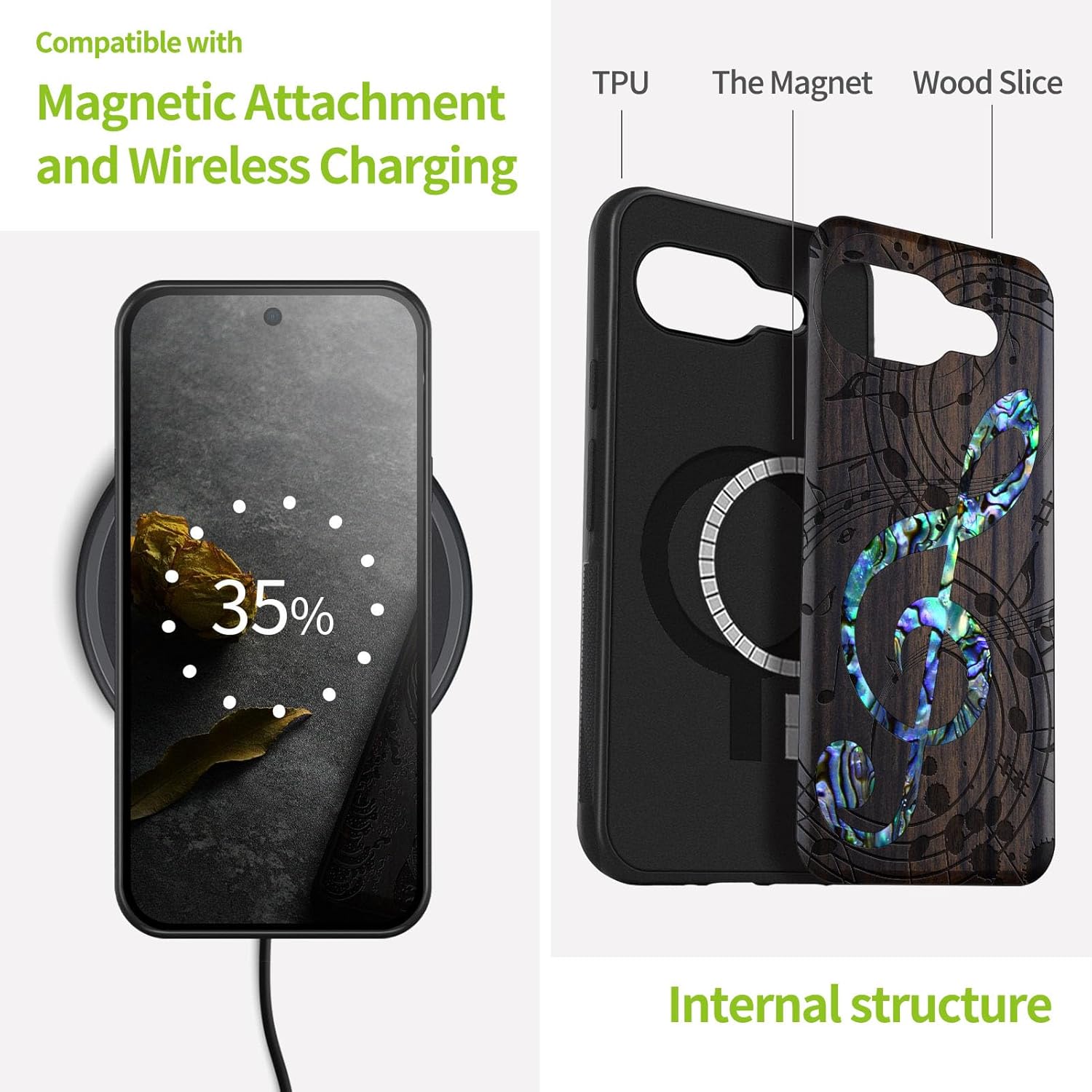Carveit Magnetic Wooden Case for Google Pixel 9a Case, Wood Artisan Engraved & Handmade Shell Inlaid, Compatible with MagSafe Wireless Chargers (Musical Note) Blackwood