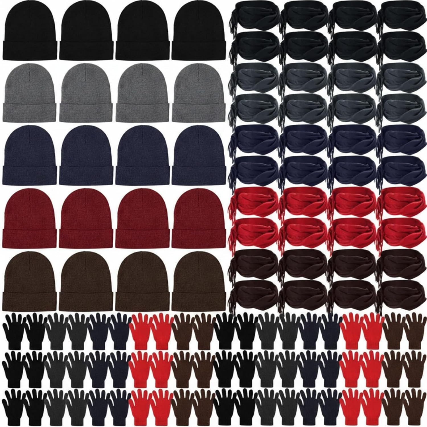 Unittype 450pcs Winter Beanies Gloves Scarf Set Bulk 150 Knit Skull Cap 150 Pair Winter Gloves 150 Neck Warmer for Men Women (Retro Colors,450pcs)