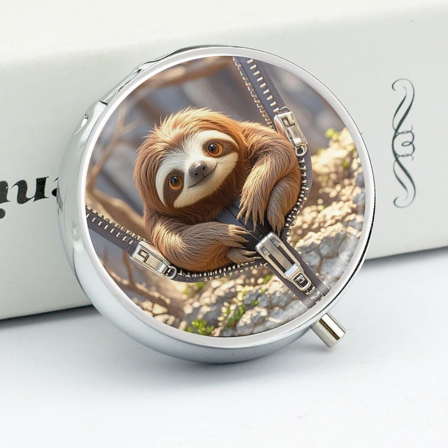 Sloth on Zipper Round Pill Box, Waterproof Medicine Organizer Box image 4