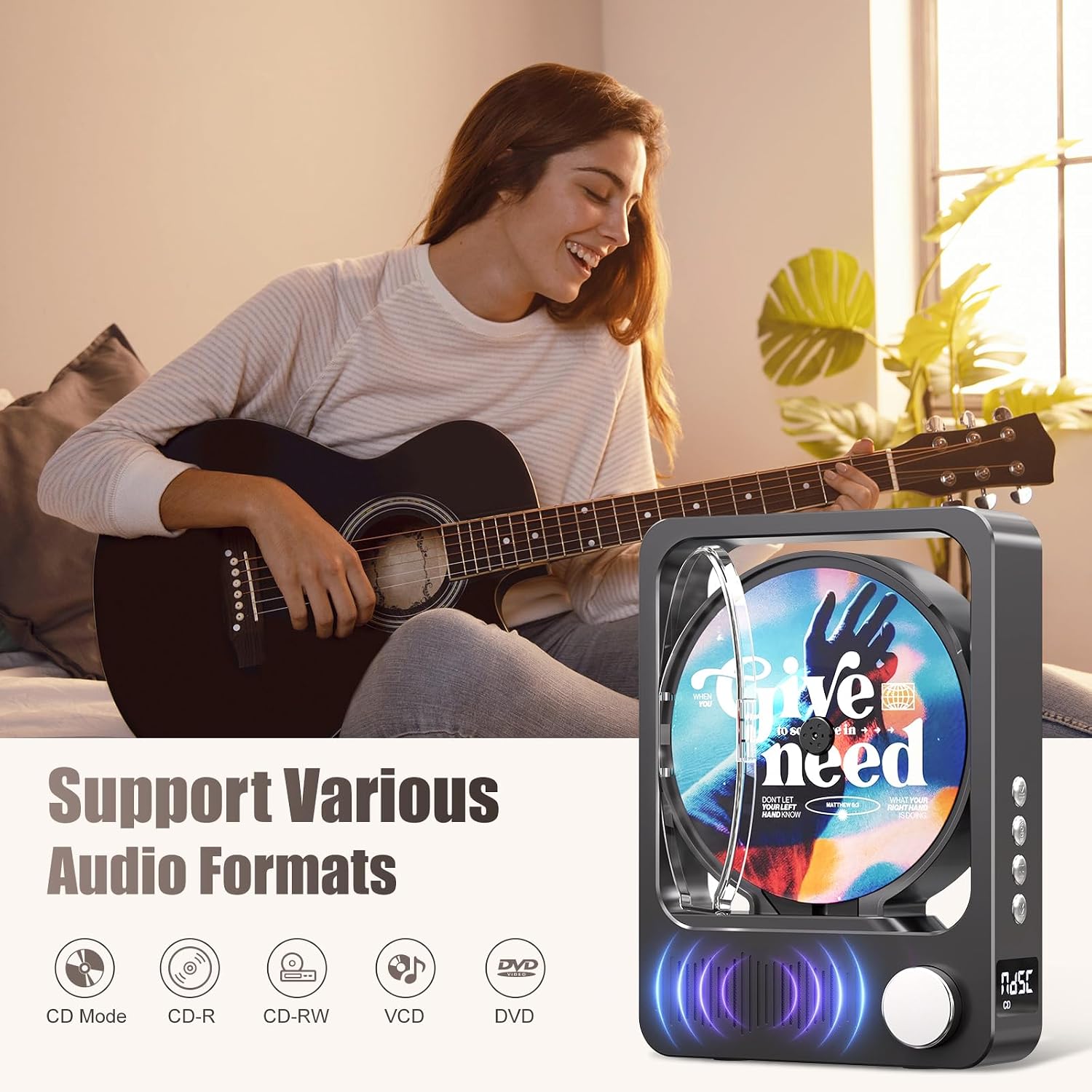 MECHEN H16 Portable CD Player supporting various audio formats including CD, CD-R, CD-RW, VCD, and DVD.