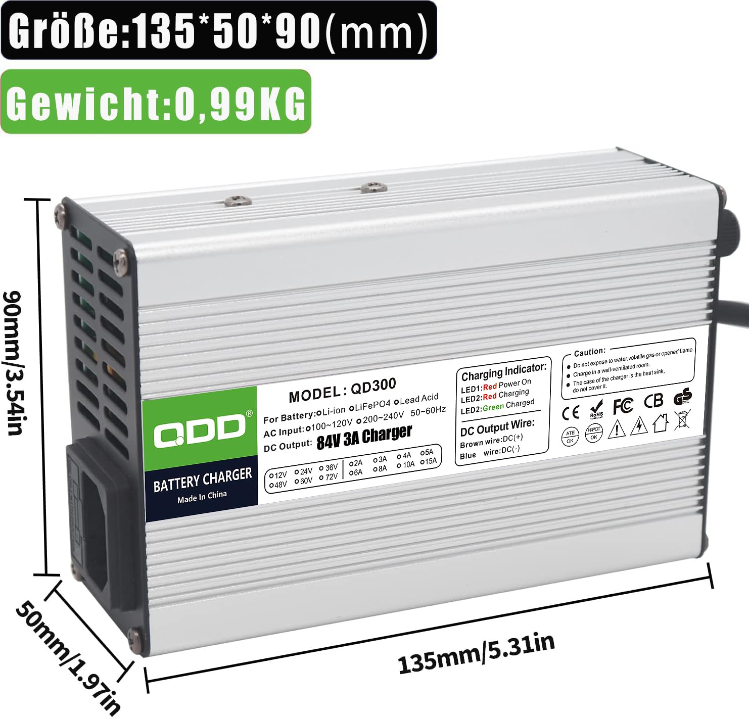 QDD 84V 3A Chargeur, 72V Li-ion Batterie Intelligent Chargeur pour 20S 72V Li-ion Batterie avec Ventilateur Boîtier en Aluminium Argenté (Prise XLR 3 Broches)