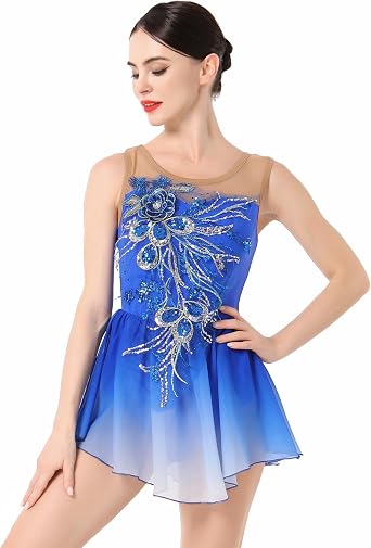 ODASDO Women Ice Figure Skating Dress Ballet Dance Leotard Gymnastics Sequin Embroidery Gradient Chiffon Dress Dancewear
