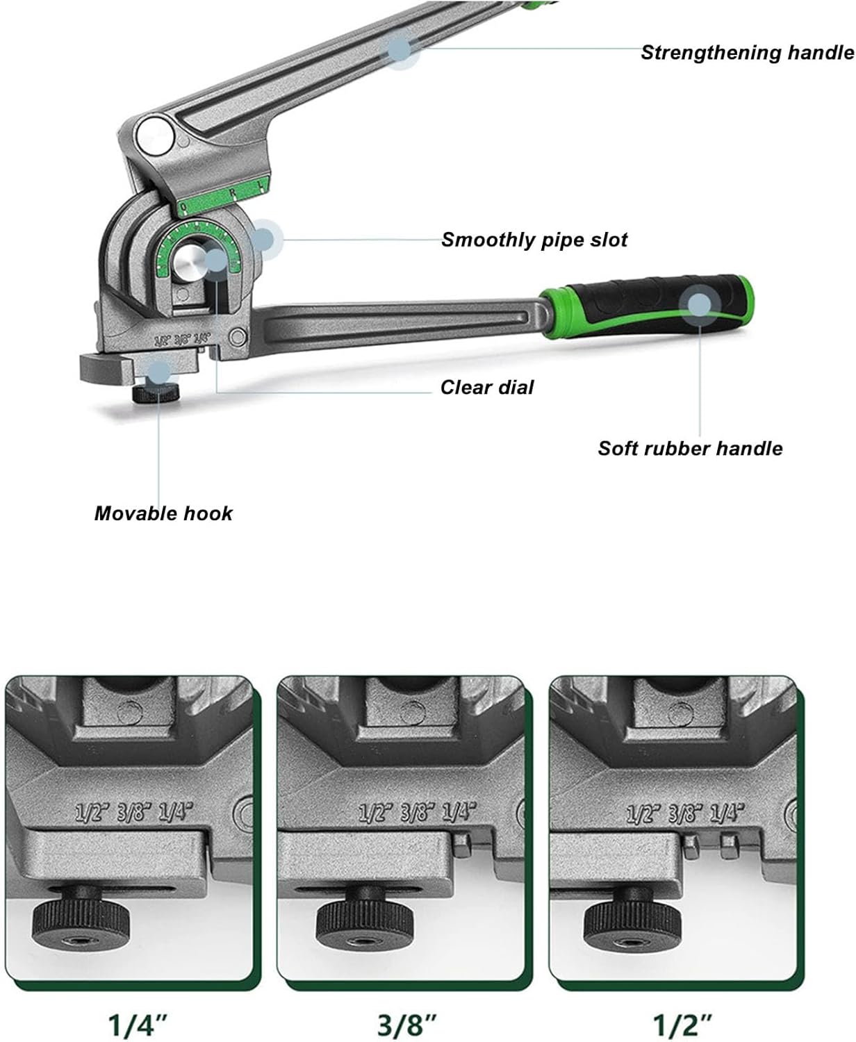3 in 1 Tubing Bender, 1/4 3/8 1/2 Inch OD Copper Aluminum Tube Bender with Comfortable Grip, 180 Degree Wide Bending Range, for HVAC Refrigeration Repair