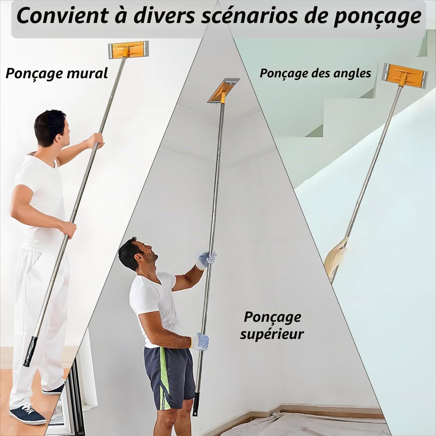 Ponceuse à perche pour cloison sèche, ponceuse murale sèche de 190 cm avec tige d'extension et 5 pièces de papier abrasif à 360 degrés pour sols, murs, plafonds