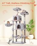 Taoqimiao Cat Tree, Tour Cat de 66,2 pouces pour les chats intérieurs, Condo Cat multi-niveaux en peluche avec 7 Postes de fouille, 2 Perches, 2 Des grottes, des hamacs, 2 Pompons, gris clair MS013W