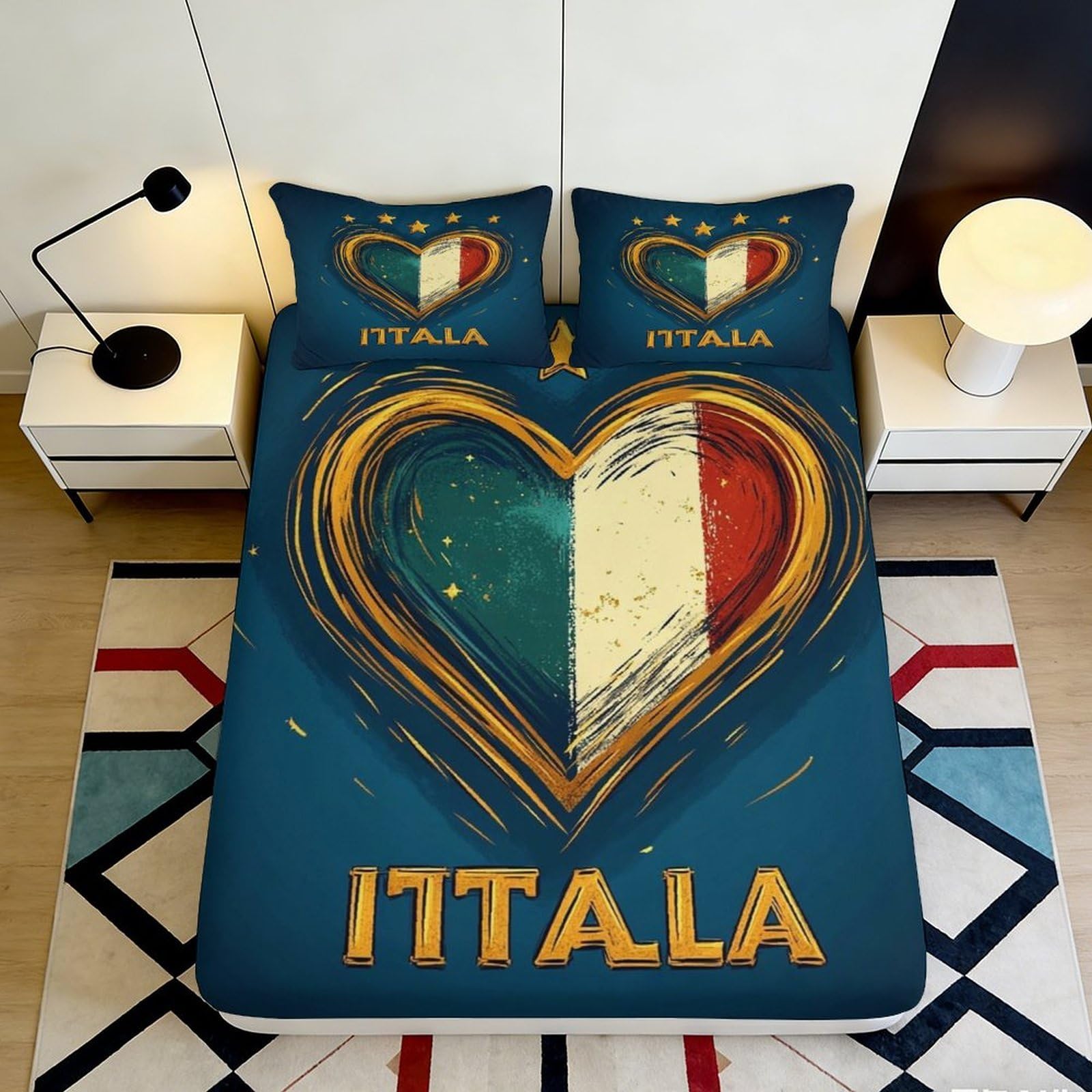 3D Printed Italy Heart Fitted Sheet Microfiber Soft Breathable Flag Design Bed Cover for Bedroom Dormitory Guest Room Mattress Protection 140x200x25cm