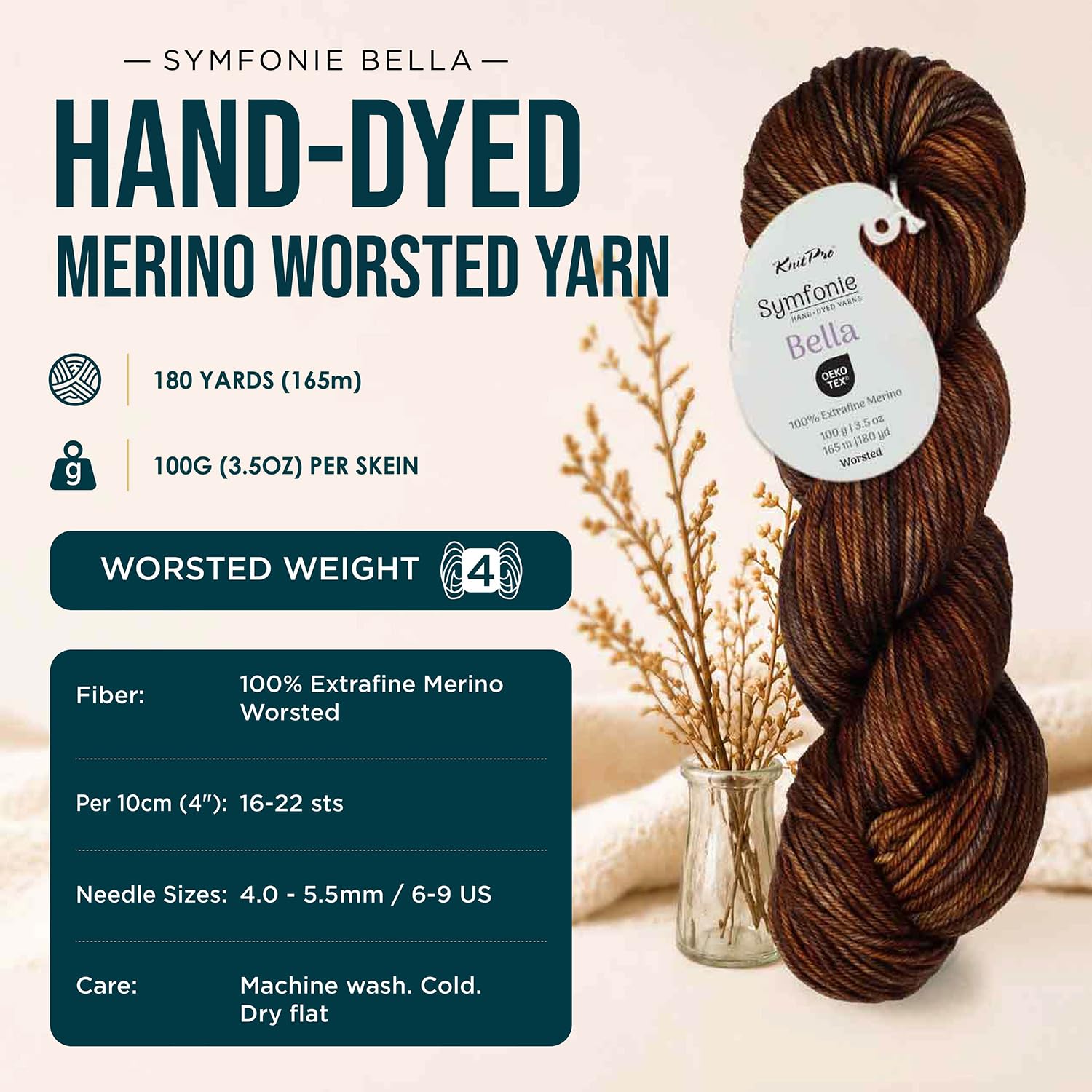 KnitPro Symfonie - Filato di alta qualità, tinto a mano, 100% lana merino extra fine, per lavorare a maglia e uncinetto, peso pettinato, certificato Oeko-TEX, fibra resistente al colore, 165 m