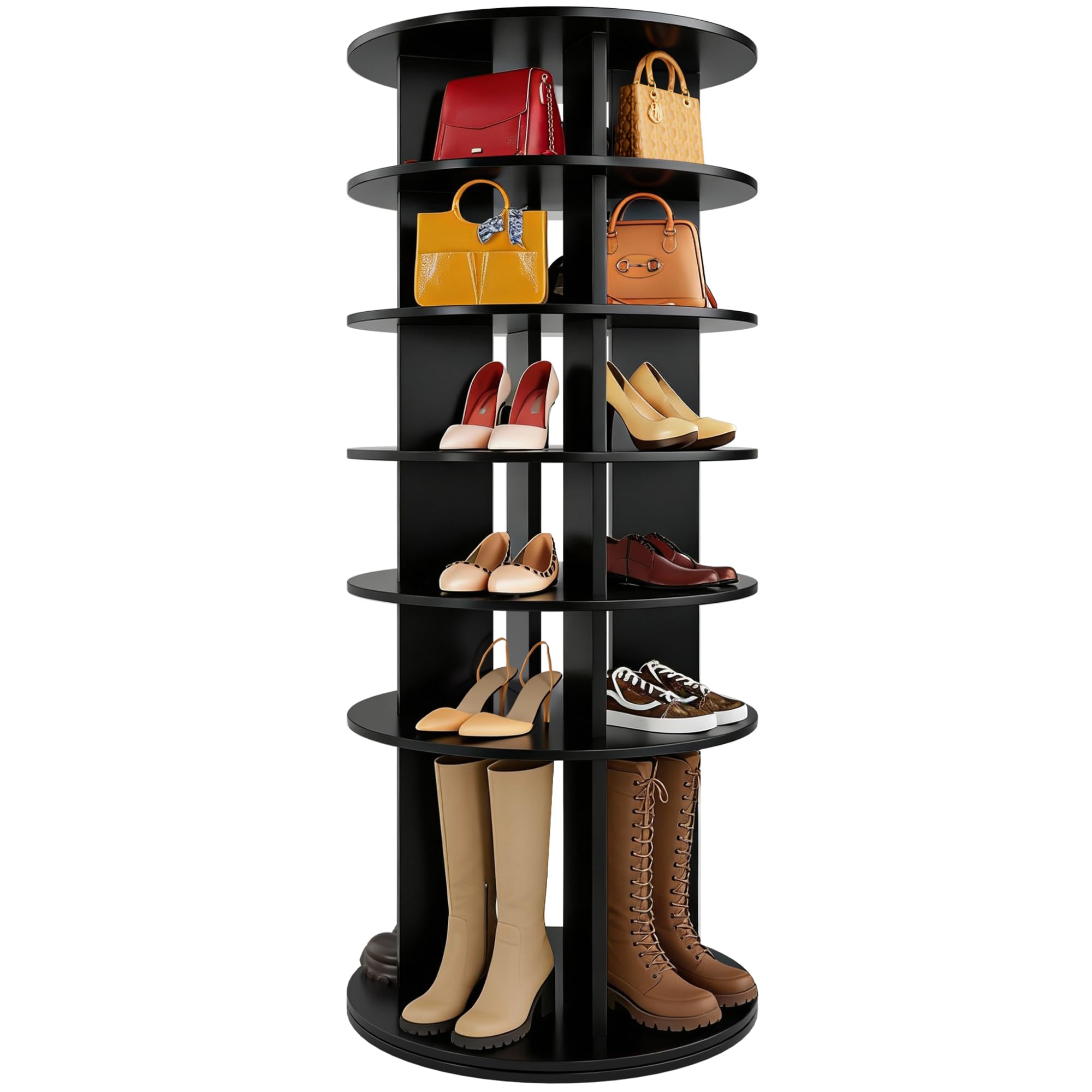 JUMMICO Rotating Shoe Rack Tower, 6-Tier Vertical Closet Storage Organizer for Shoes, Handbags & Tall Boots, 360° Spinning Lazy Susan Base,