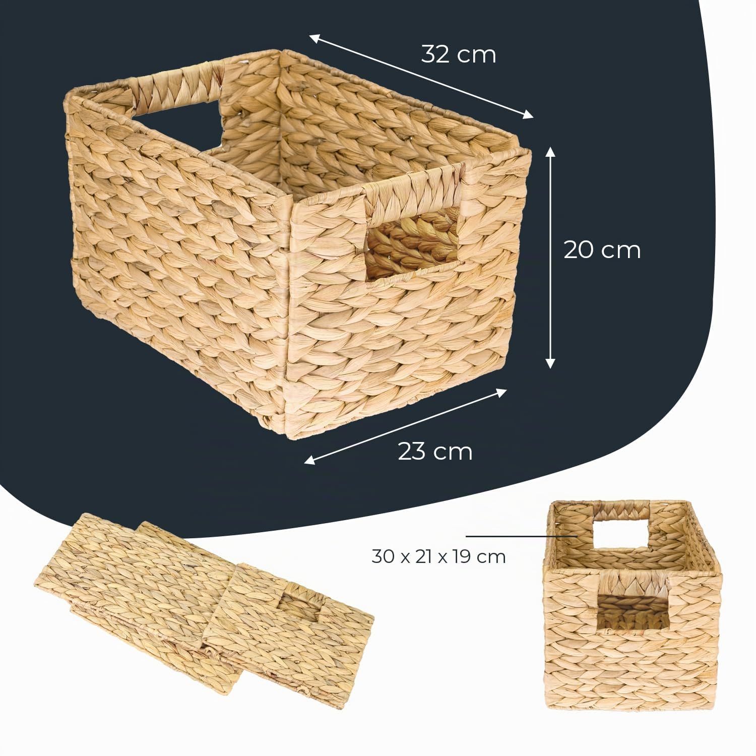 HMF Cesta de almacenaje trenzada organizadora de jacinto de agua, cesta decorativa con asas para baño, cocina, salón y estantería | Juego de 4 | Tamaño M | 32 x 23 x 20 cm | Natural