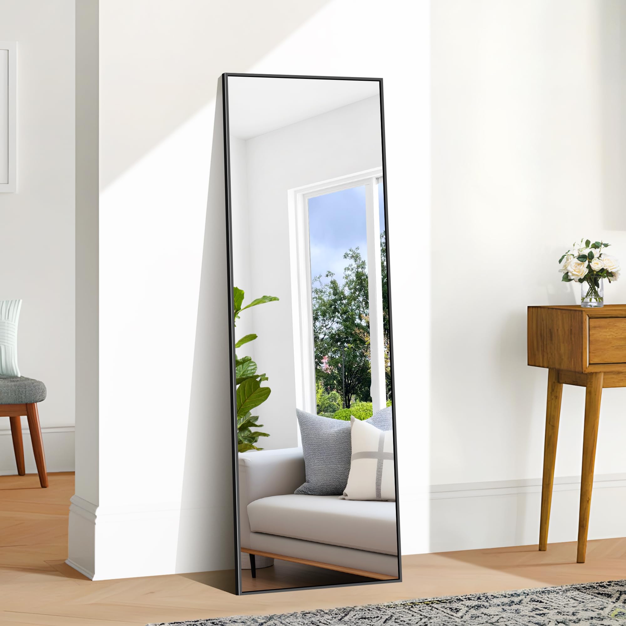 BONEWEI Specchio da Terra 147x44 cm, Specchio Rettangolare a Figura Intera con Cornice in Alluminio Nero, moderno grande specchio da parete in piedi o da appendere, per soggiorno, Spogliatoio