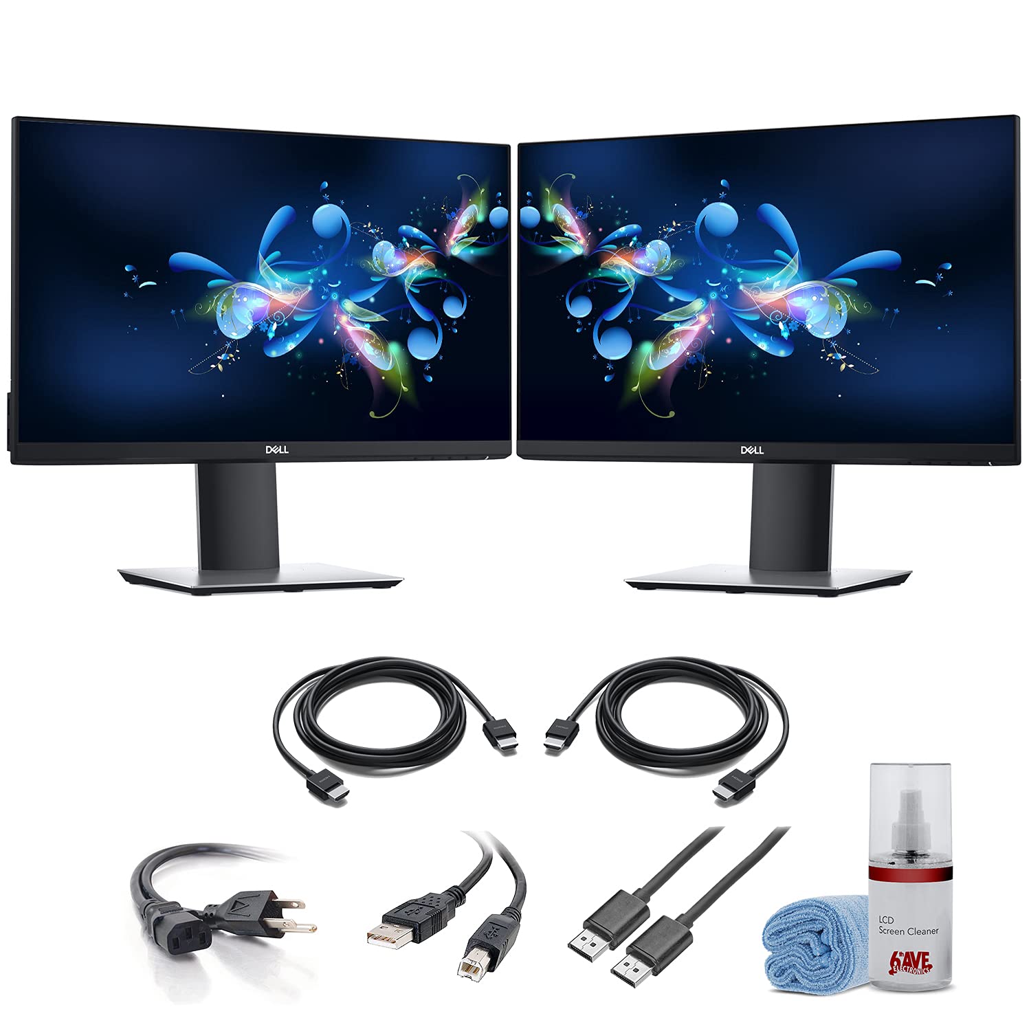 2 x Dell P2719H 27 Inch 16:9 Ultrathin Bezel IPS Monitor (P2719H) + 2 x HDMI Cable + LCD Cleaning Ki