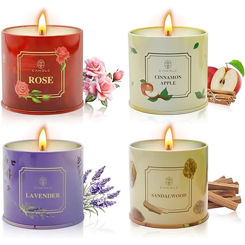 Scented Candles Gift for Women,4 Pack Natural Soy Wax Candles Long Lasting Rose Lavender Sandalwood Apple Cinnamon Fragrance Gift for Mothers Day, Birthday, Thanksgiving Day, Christmas, Valentines Day