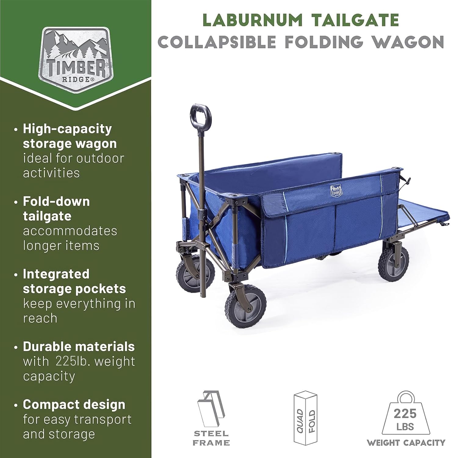 TIMBER RIDGE Tailgate Collapsible Folding Wagon Cart, Heavy Duty Utility Push Pull Beach Wagon Foldable, Outdoor Grocery Cart with Side Pockets for Camping, Garden, Shopping, Holds 225 lbs, Blue