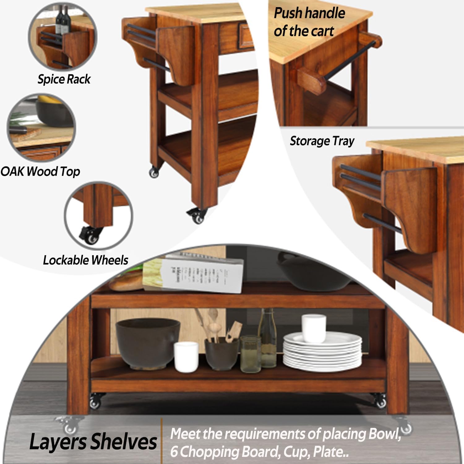 (5-8 days delivery) 57 inch Kitchen Island Storage Kitchen Cart with Solid OAK Wood Top Two-sided Kitchen island Cart on Wheels Wine and Spice Rack Large Rolling Kitchen Cart with 2 Drawers (Brown)