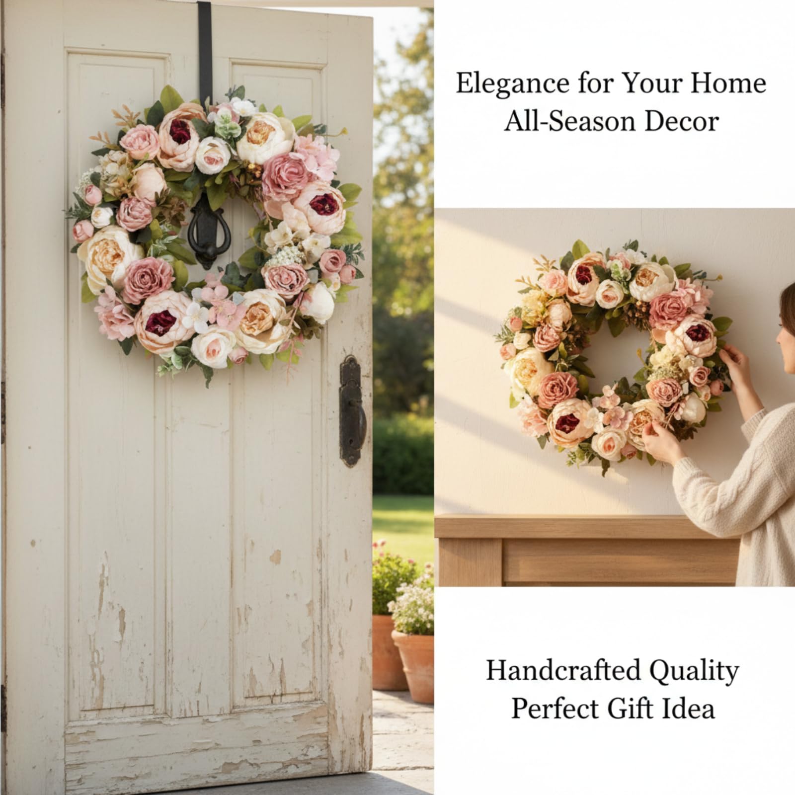 Ghirlanda Primaverile per Porta d'Ingresso 40 cm, Fiori Artificiali, Decorazione per Porta, Finestra, Matrimonio, Soggiorno