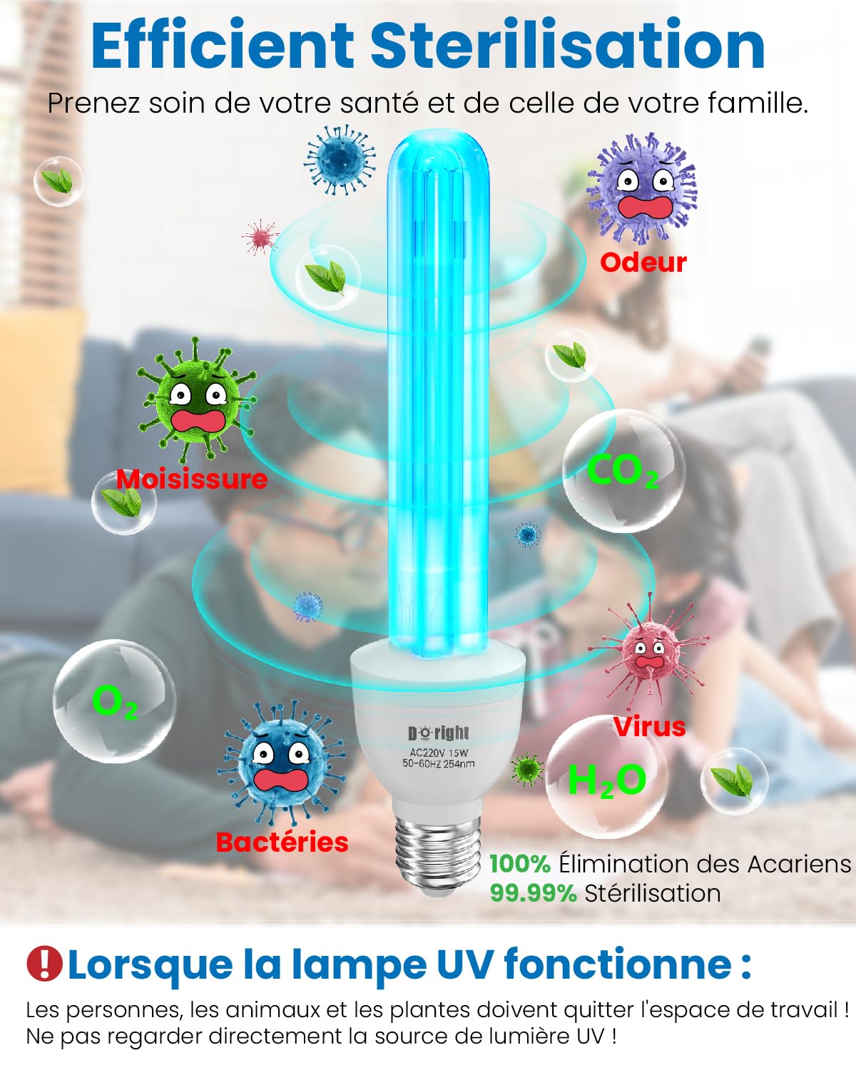 DoRight Lampe Ultraviolet Ozone E27 15W Lampe UV Germicide UVC avec Ampoule Ozone E27 Ampoule UV Sterilisateur avec Tube de Quartz Stérilisation UVC 254nm AC220-240V pour Toilette, Cuisine, Chambre