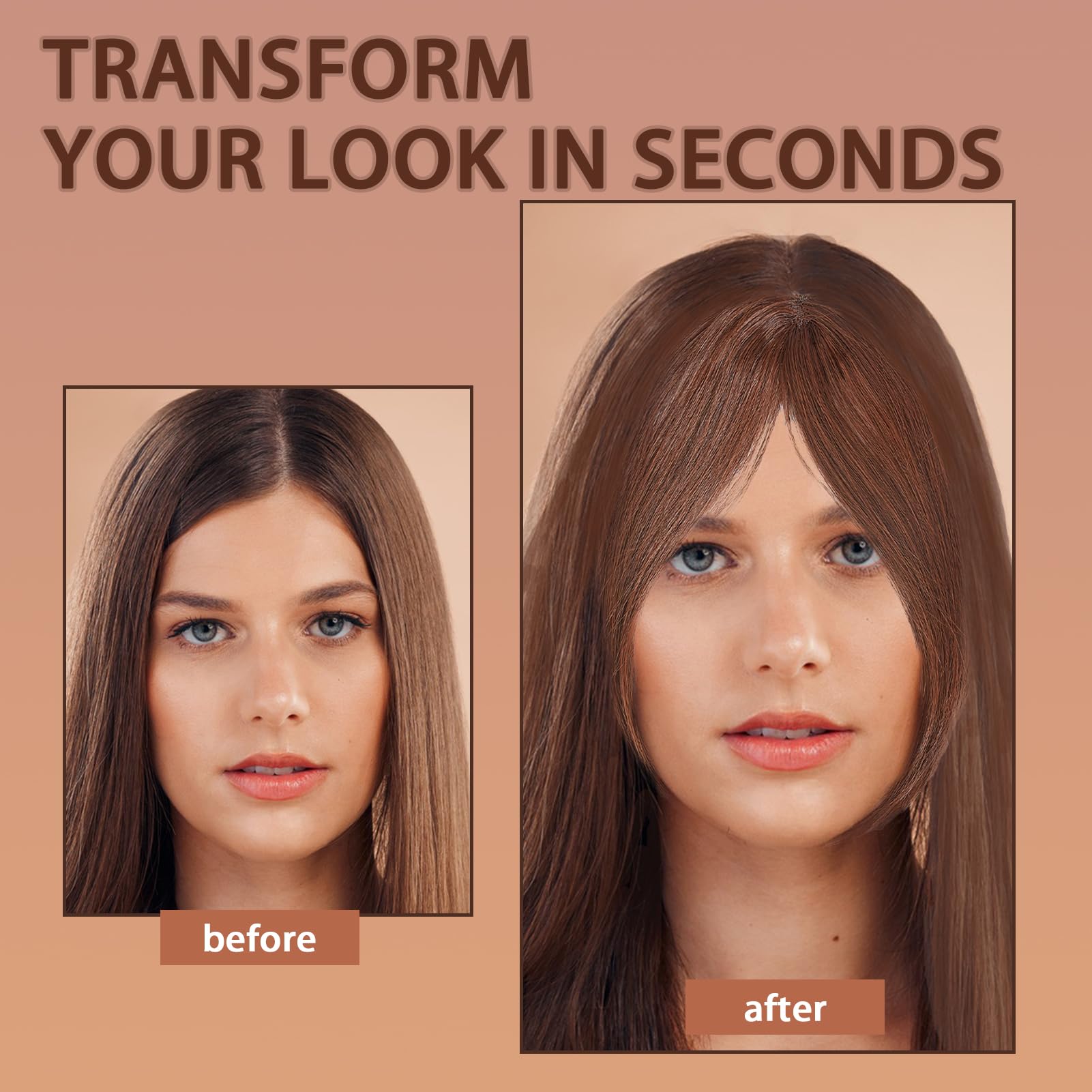 NICENEEDED Middle Part Bangs Hair Pieces, Brown Natural Fake Clip-in Hair Piece Wigs - Image 2