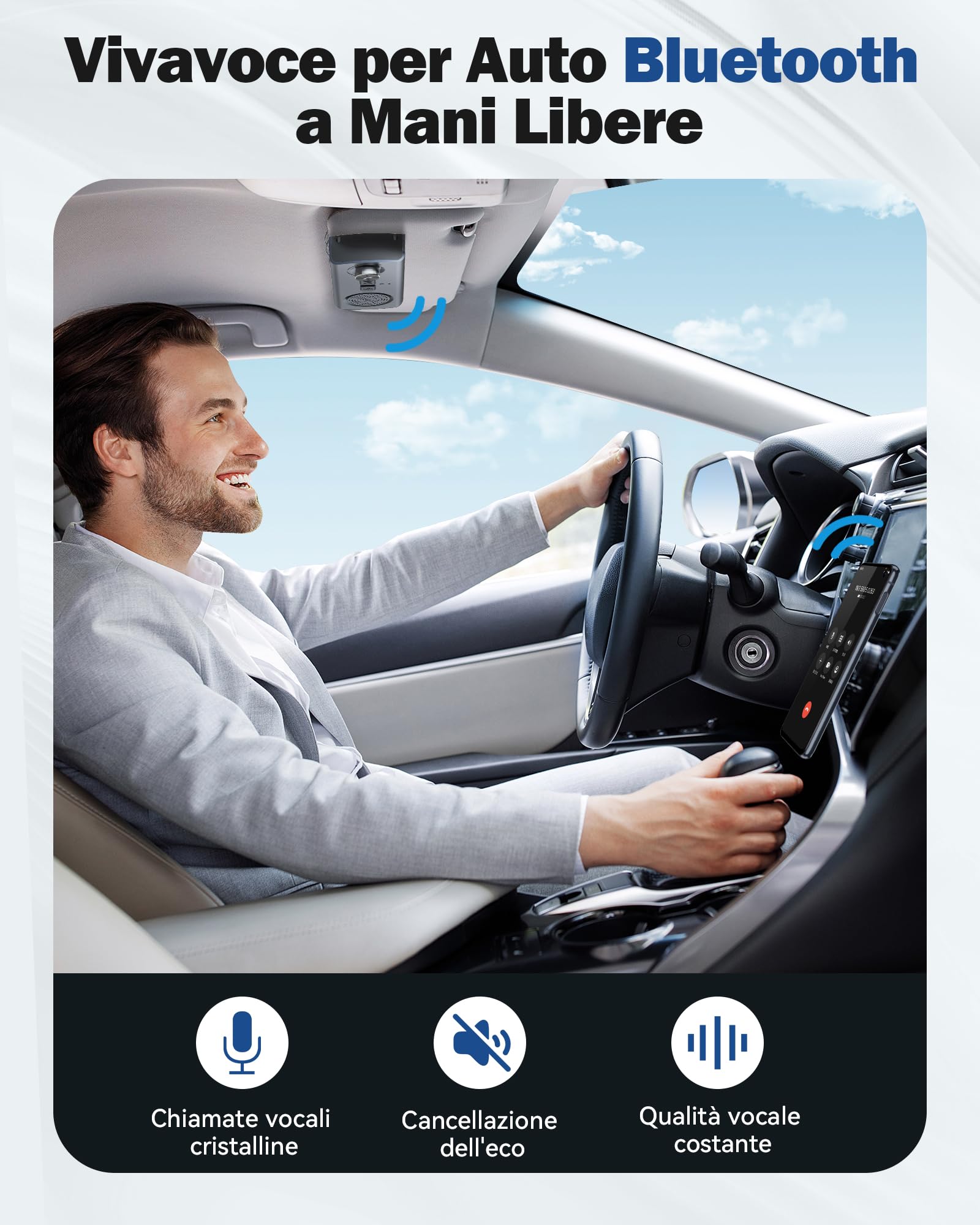 AGPTEK Vivavoce per Auto Bluetooth 5.3 con Siri, Assistente Google, Kit per Auto con Altoparlante Wireless con Slot per Scheda TF, Supporta la Connessione di 2 Telefoni Contemporaneamente