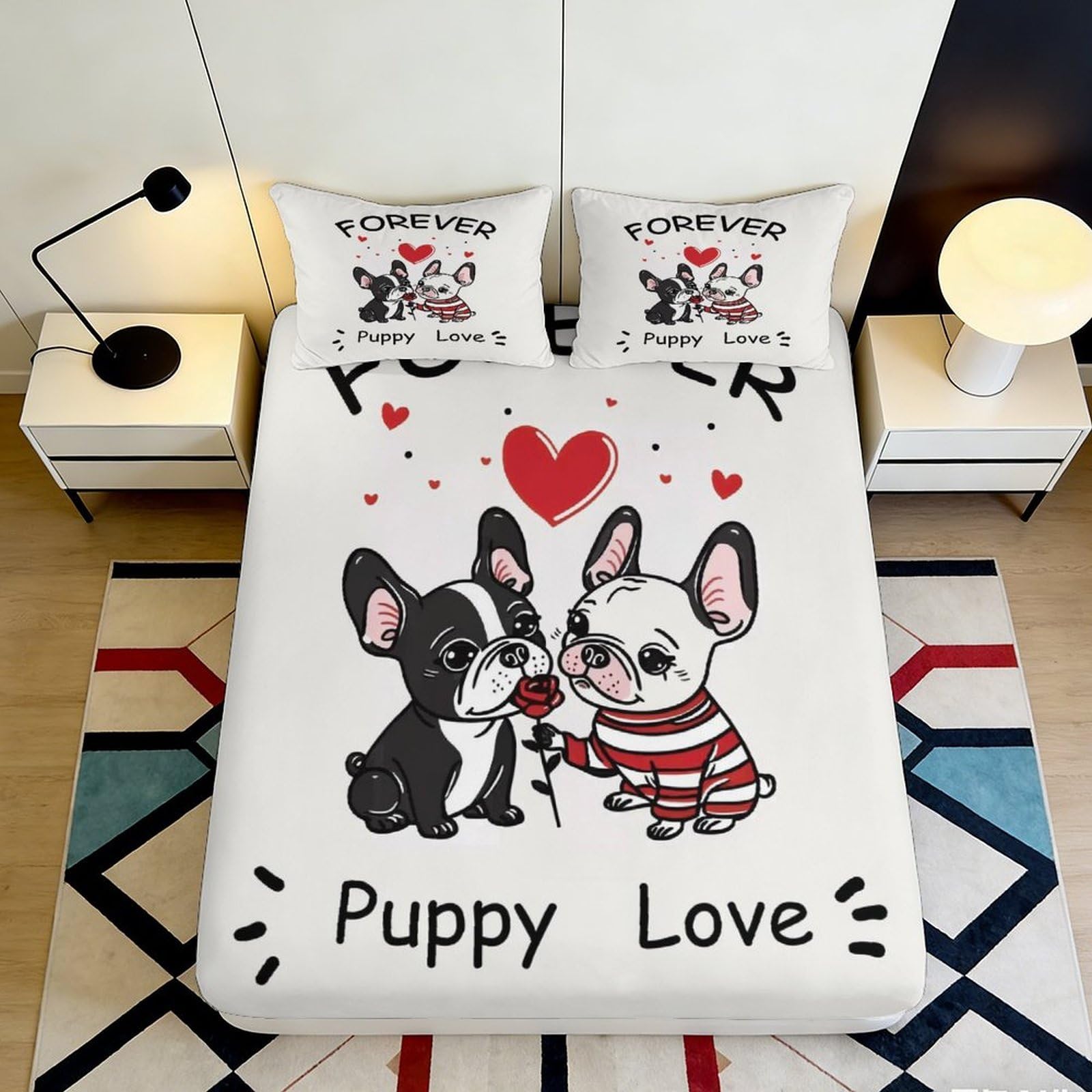 3D Printed Puppy Love Fitted Sheet Microfiber Soft Breathable Cartoon Bed Cover for Bedroom Dormitory Guest Room Mattress Protection Decor 160x200x25cm