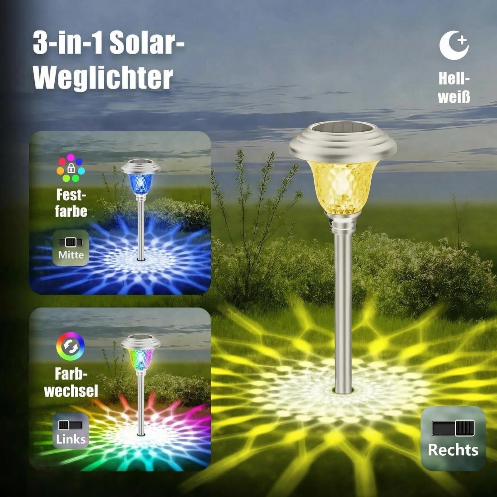 BEAU JARDIN 8 Stück Solarlampen für Außen Rostfreier Stahl, Solarleuchten Garten mit 3 Farbmodi, Gartenbeleuchtung Winterfest & Wasserdicht, Dekolichter für Rasen Terrasse Wege