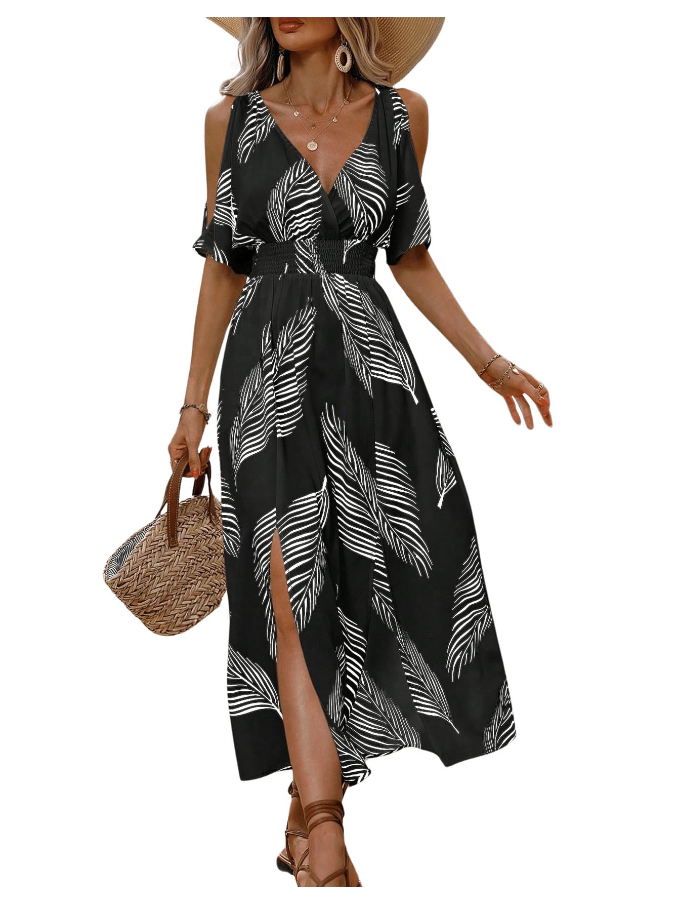 Verdusa Womens Summer Vacation Beach Dress Hawaiian Maxi Dresses Tropical Cold Shoulder Sundress