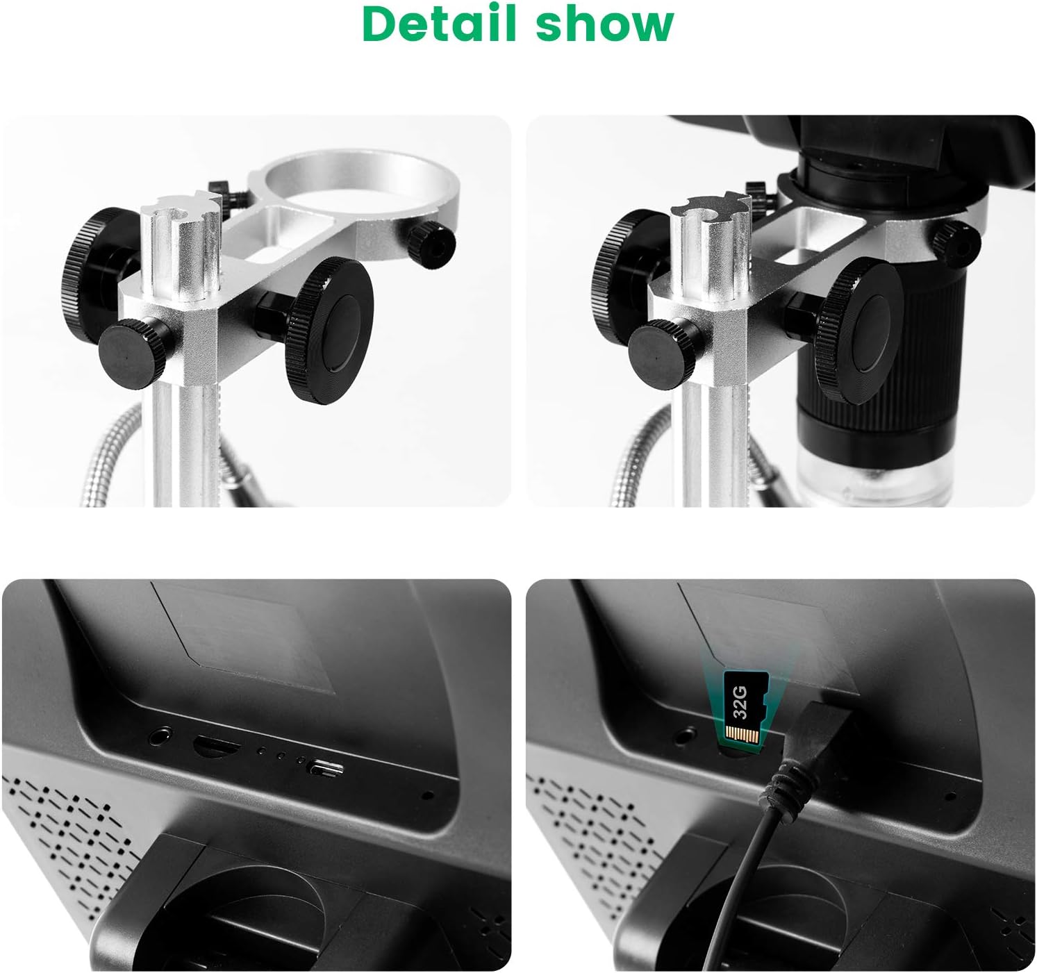 Close-up of the metal optical bracket and the micro-SD card slot on the microscope