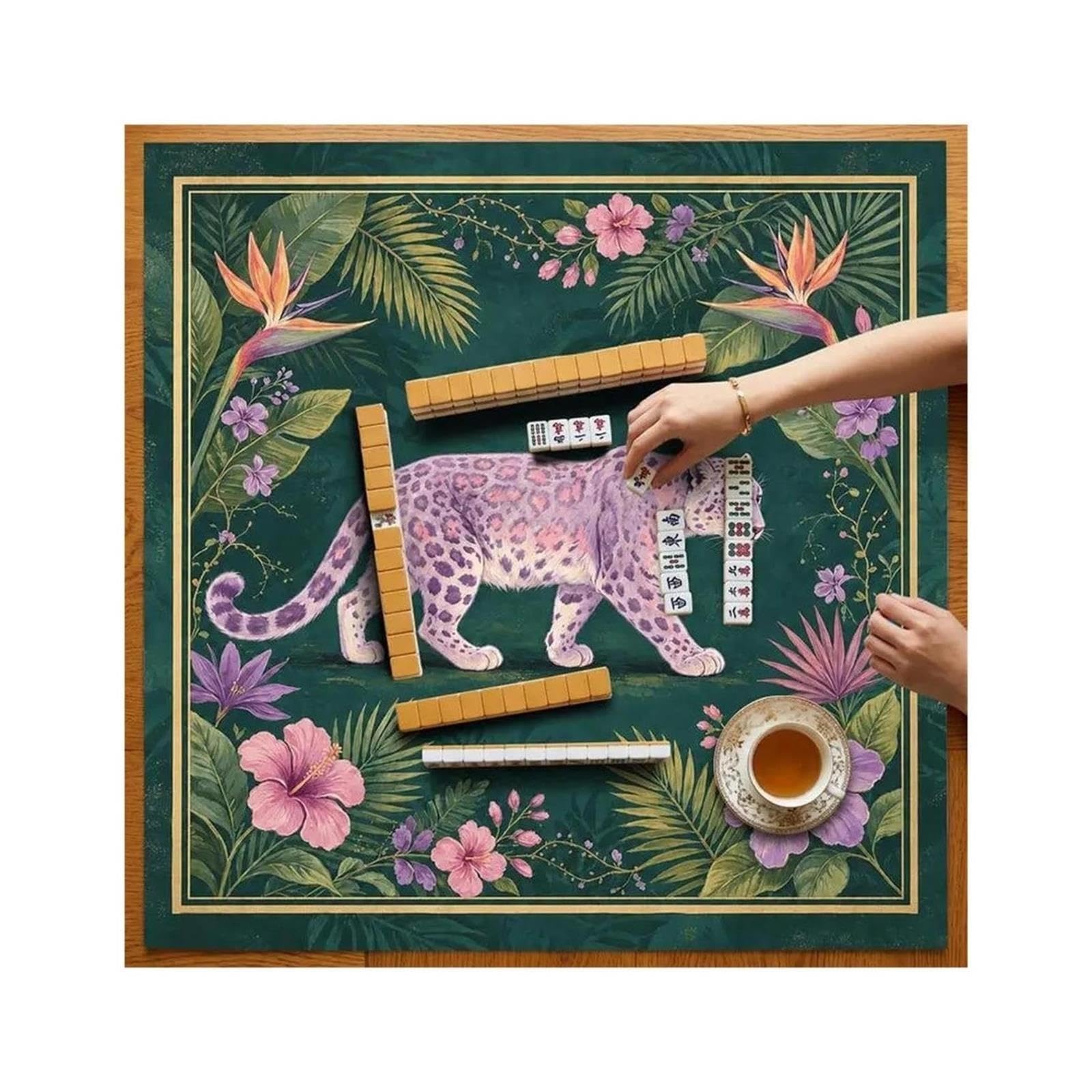 Tappeto Mahjong Tappetino Mahjong leopardo verde scuro viola silenzioso for la casa della giungla vintage(Star Tiger,70x70cm 28inch)