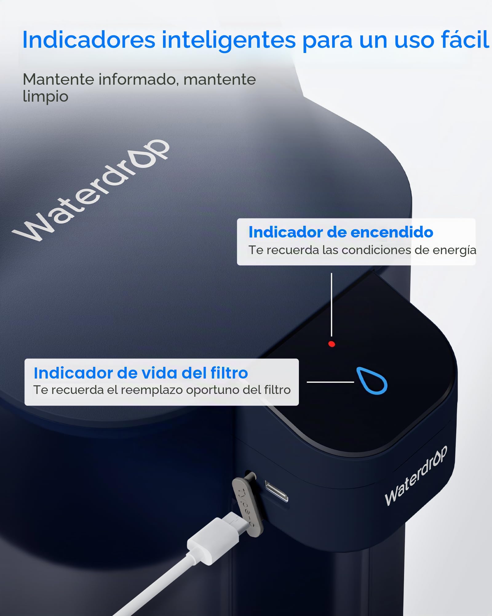 Waterdrop Jarra de filtro de agua eléctrica de acción instantánea y filtro de 3 meses, sistema de filtración de agua de 3,5 l para encimera, reduce el 98% de cloro y más de 20 impurezas, color azul