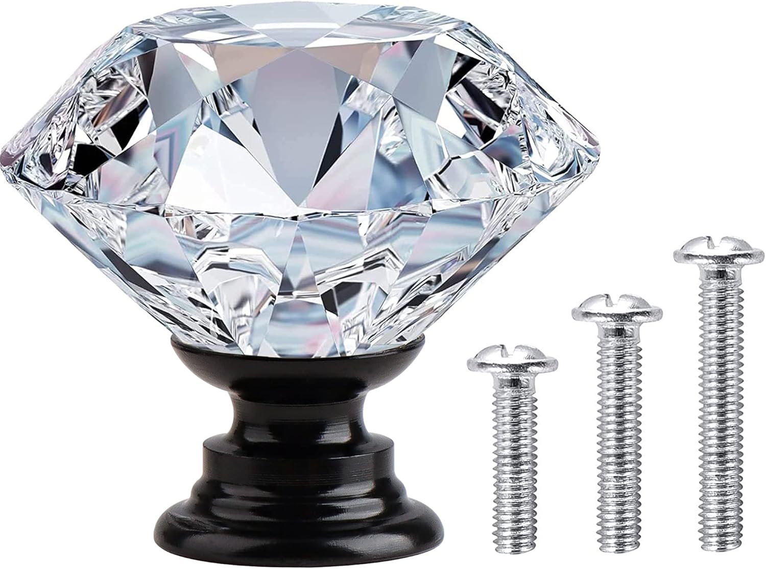 Vandicka 20 Pack 30mm Crystal Glass Cabinet Door Knobs Cupboard Wardrobe Dresser Drawer Pull Handles (Clear Diamond + Black Base) with Mounting Screws in 3 Sizes