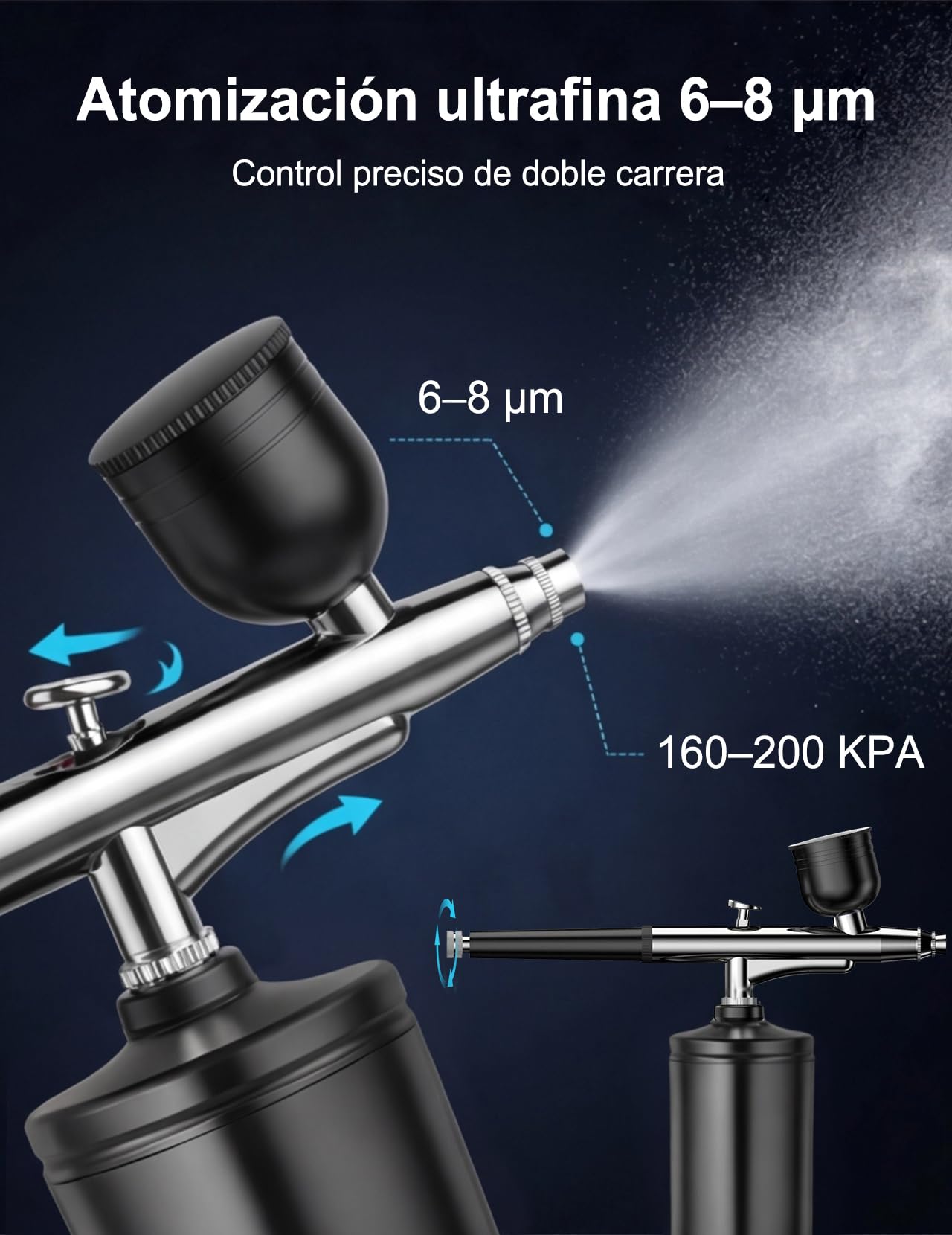 Kit de aerógrafo inalámbrico con compresor, Plus | 800 mAh, 6 – 8 μ de pulverización fina, 160-200 KPA, pistola de aerógrafo de doble acción, 3 vasos tipo C