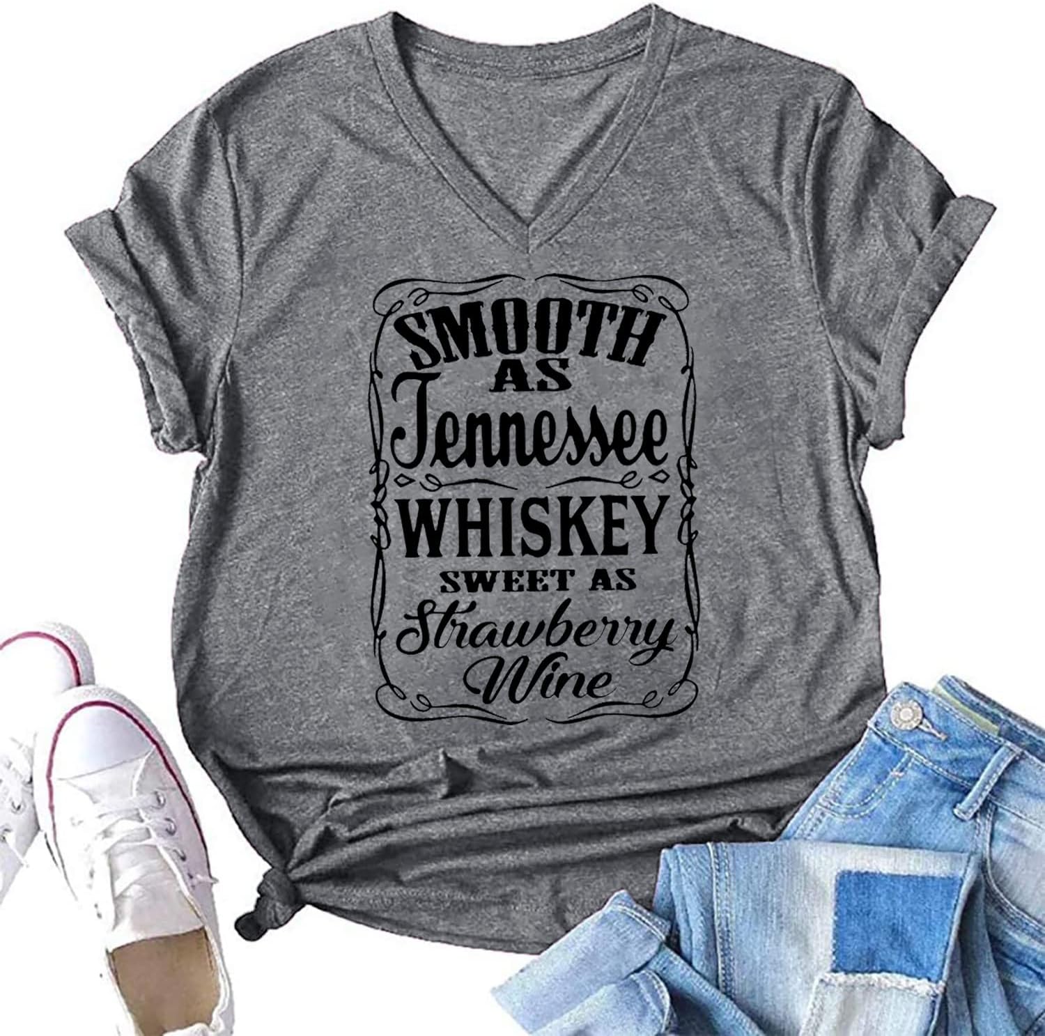 Smooth as Tennessee Whiskey Sweet as Strawberry Wine T Shirt Women V-Neck Country Music Tee Tops Drinking Blouse - Image 3