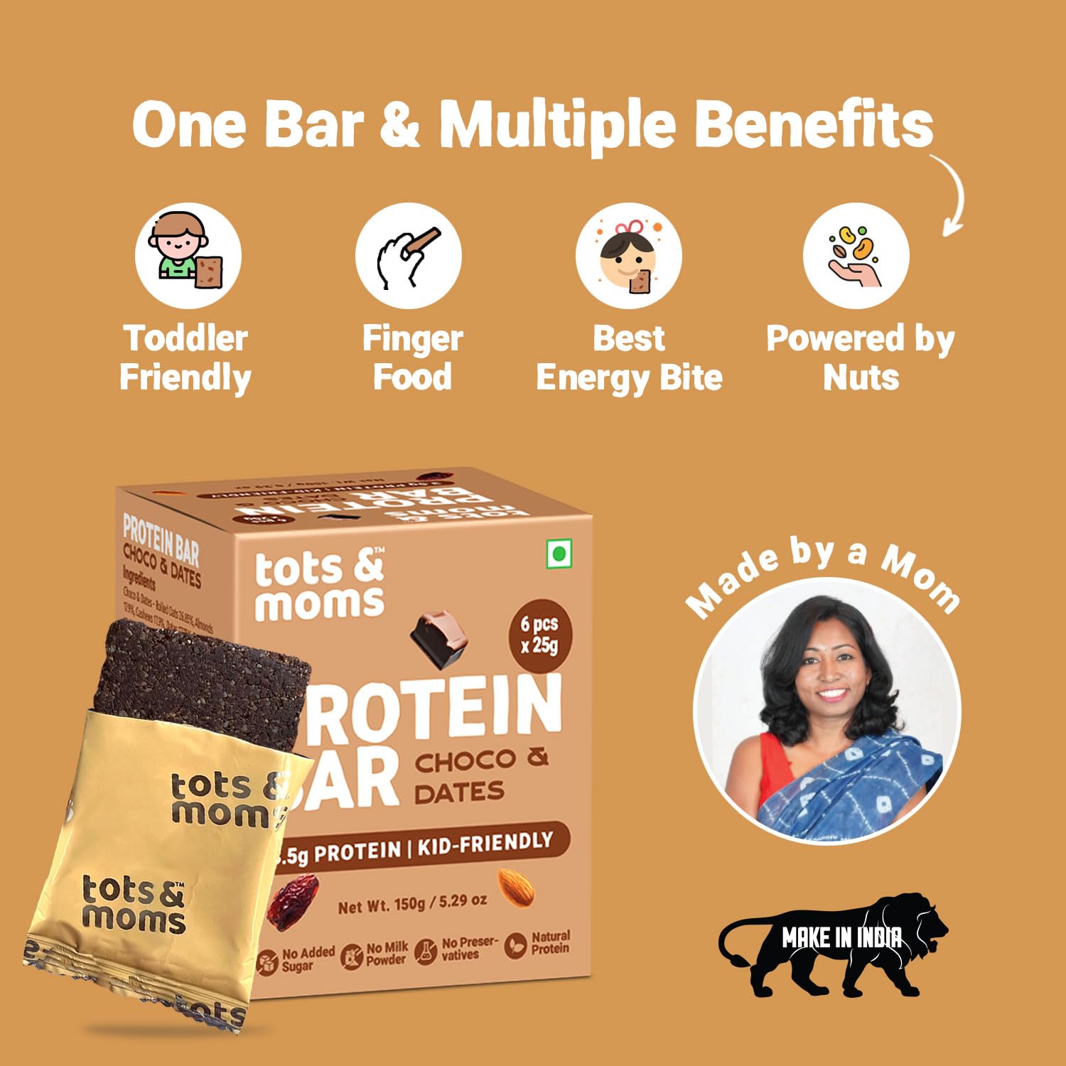 Tots & Moms Kids-Friendly Protein Bar – Choco & Dates (25g x 6) | 3.5g Protein per Bar | Antioxidant-Rich Cocoa & High-Fiber Oa — Amazon image 8