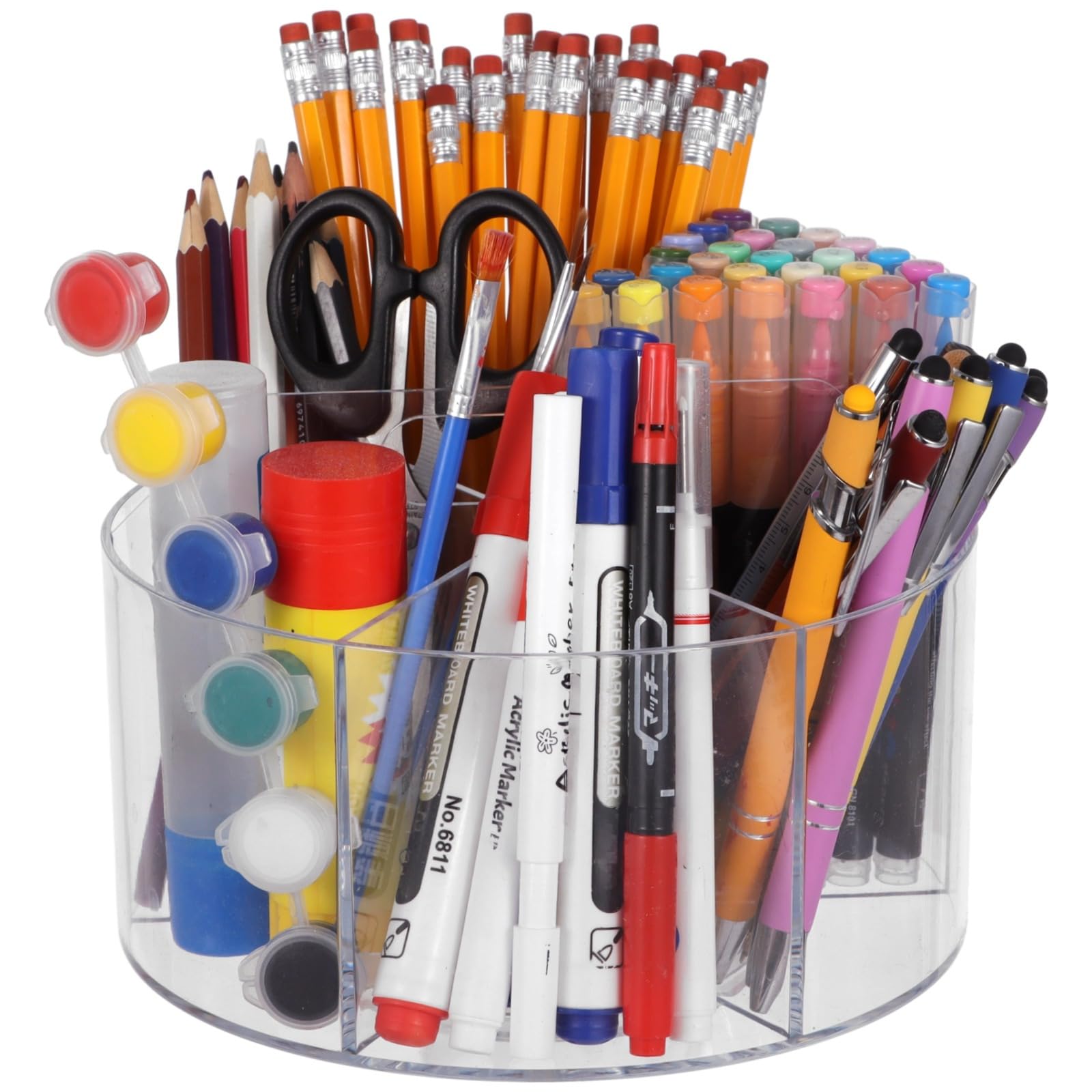 Schreibtisch-Organizer, 13 x 19 cm, drehbarer Stifthalter aus Acryl mit 6 Fächern, 360° Aufbewahrungsbehälter, transparenter tragbarer Stift-Organizer für Zuhause, Büro