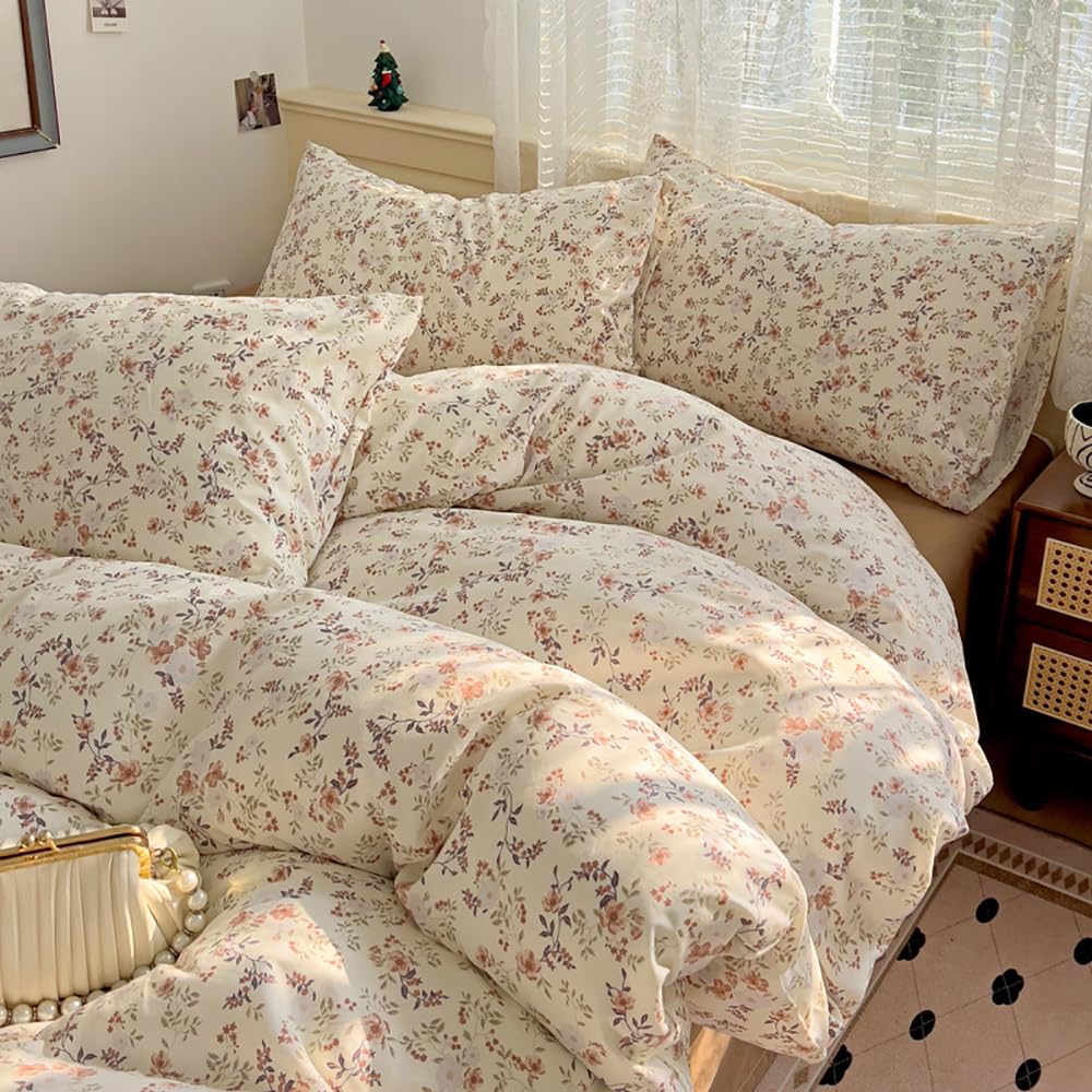 Nyescasa Duvet Cover King Beige Brown Floral Flowers Botanical Meadow Reversible Bedding Set Flower Striped Print Microfibre Comforter Cover 220x230 cm with Zipper Closure and 2 Pillowcases 50x75 cm