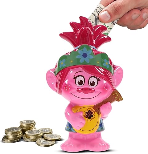 Silver Buffalo Trolls World Tour Poppy Guitar - Banco grande de monedas de cerámica