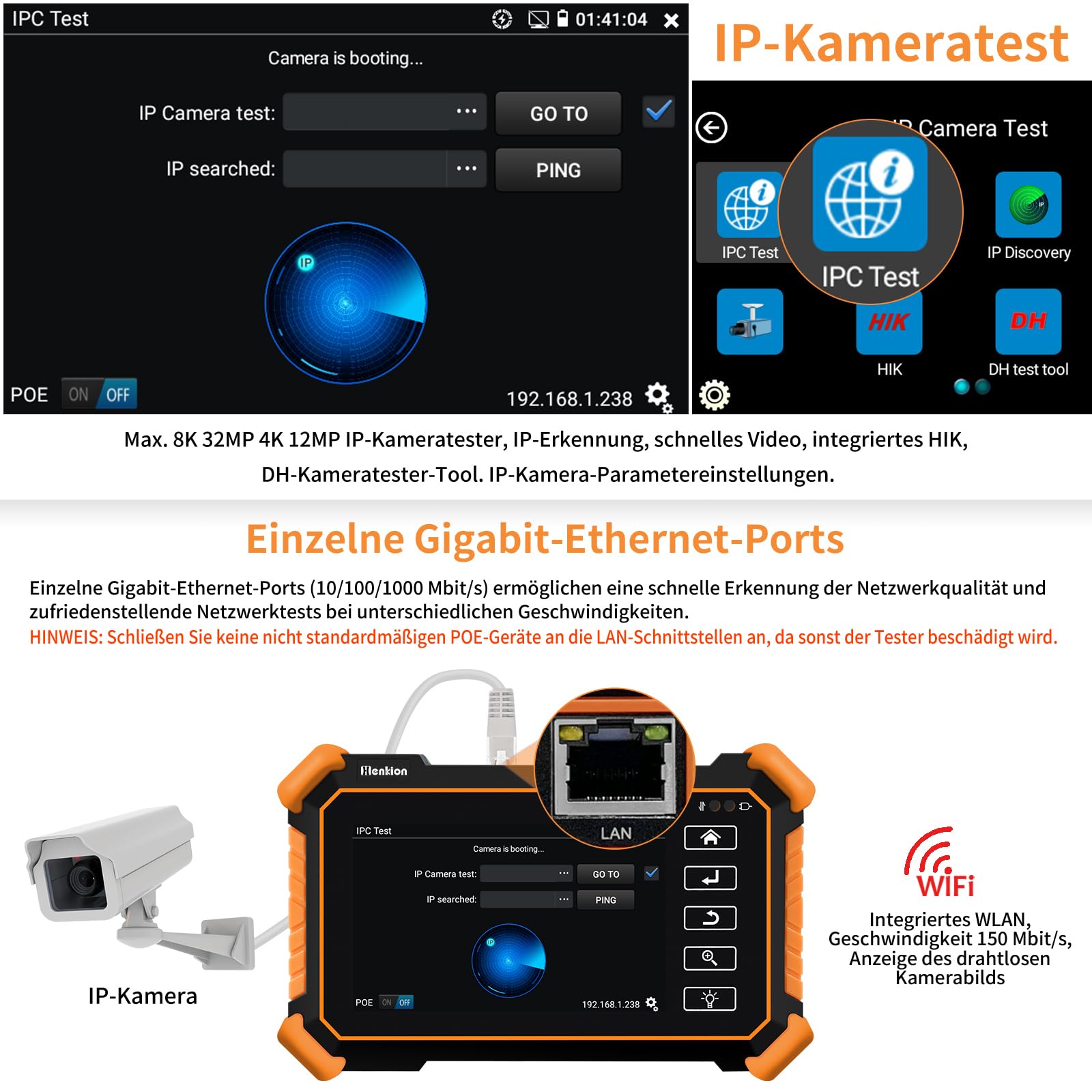 Henkion CCTV-Tester IPC-1910C Plus, 4-Zoll-Touchbildschirm Monitor, 8K 32MP IP und 4K 8MP TVI CVI AHD CVBS Kameratest, IPC Tester Unterstützung ONVIF RTSP POE PTZ WiFi RS485 mit Kabel-Tracker