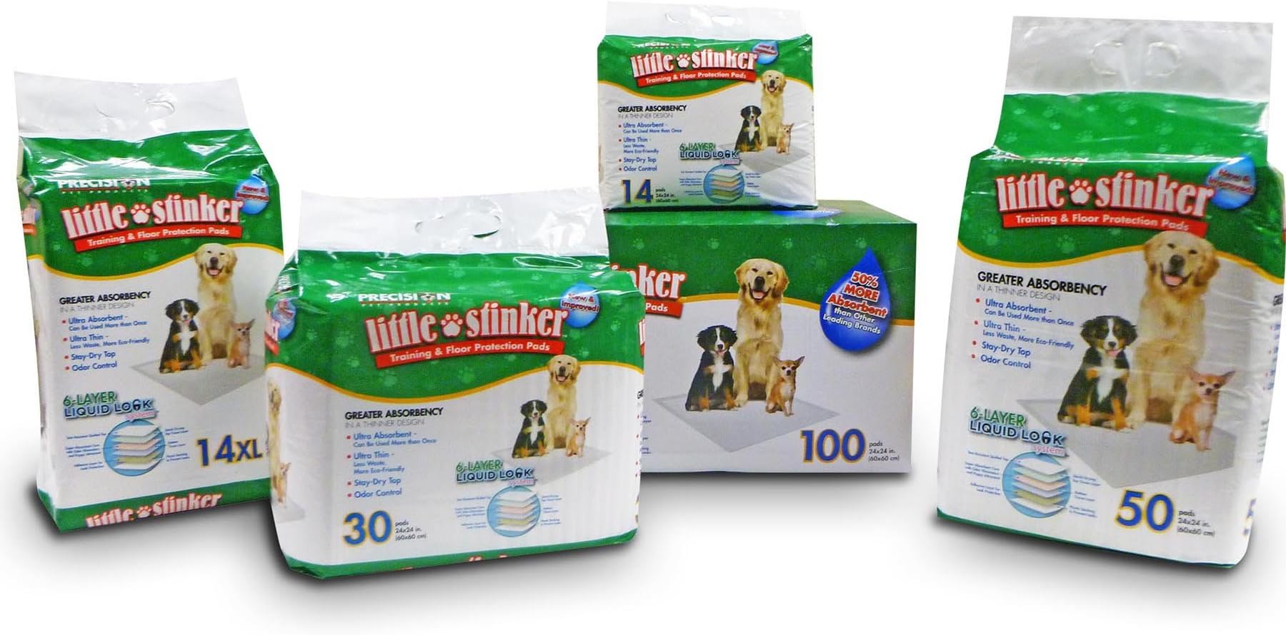PRECISION PET PRODUCTS Little Stinker Housebreaking Pads 6-Layer Liquid Lock Varying Multi-packs Available,White