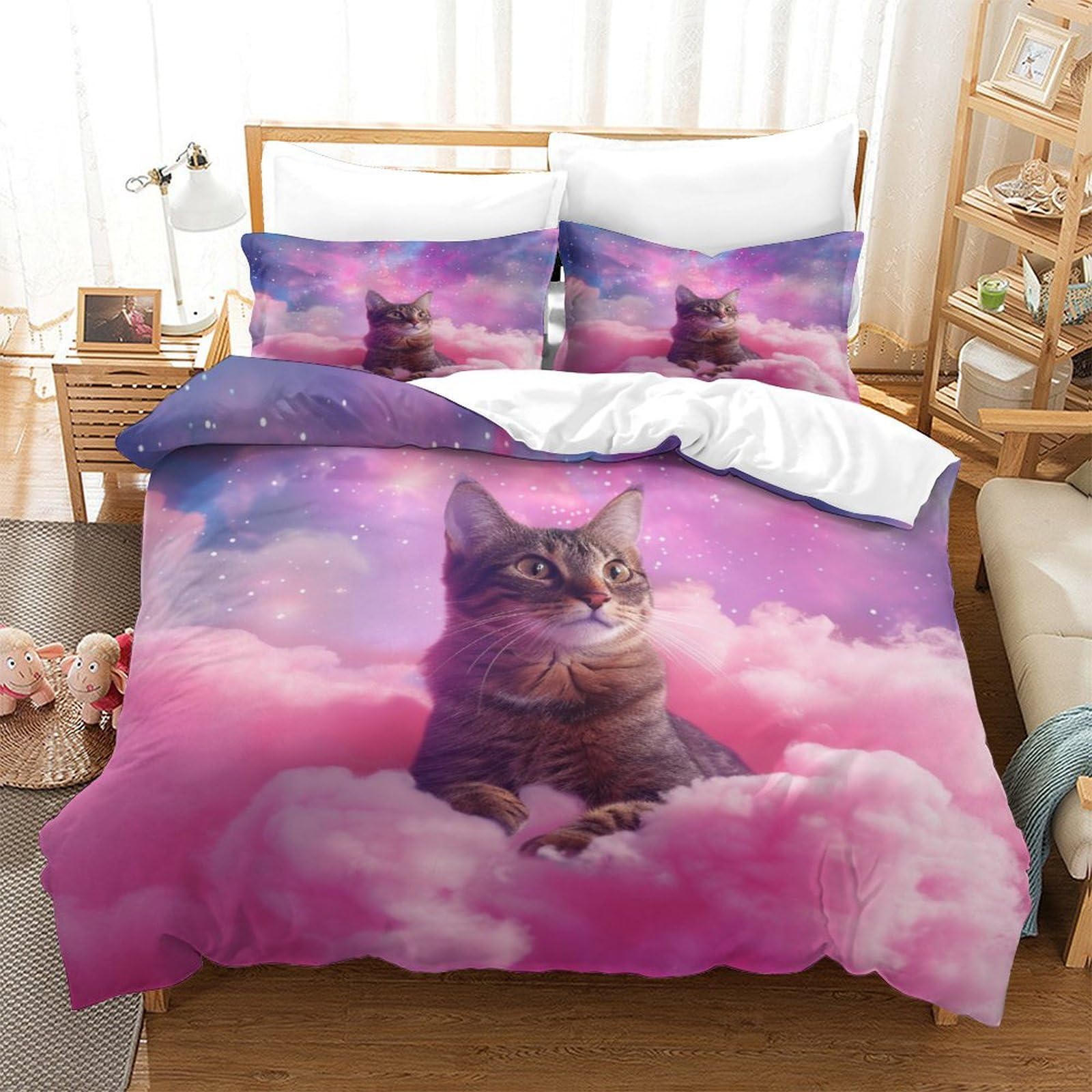 BARDYS Cat Duvet Cover with Pillowcaser Kids 3D Printed Bedding Clouds Comforter Cover Soft Microfiber Quilt Cover for Girls, Boys Bedding Set，with Zipper Closure Single（140x200cm）