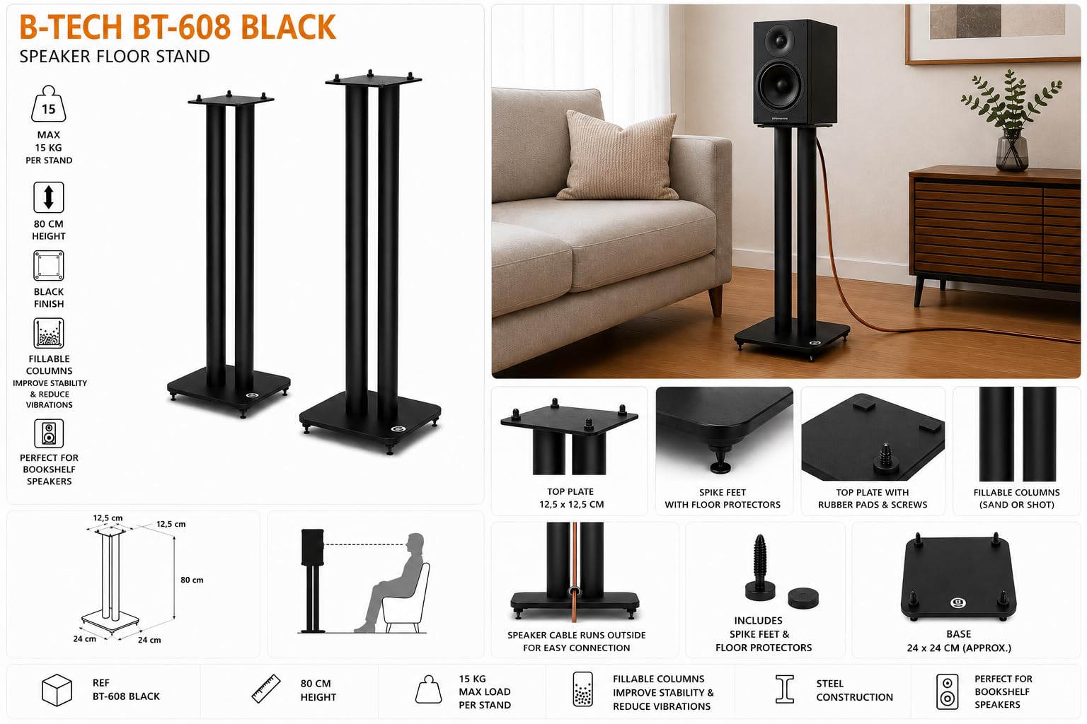 B-TECH BT608 – Coppia di Supporti da Pavimento per Diffusori 80 cm, Speaker Stand HiFi in Acciaio Nero con Colonne Riempibili, Punte di Disaccoppiamento e Base Stabile.