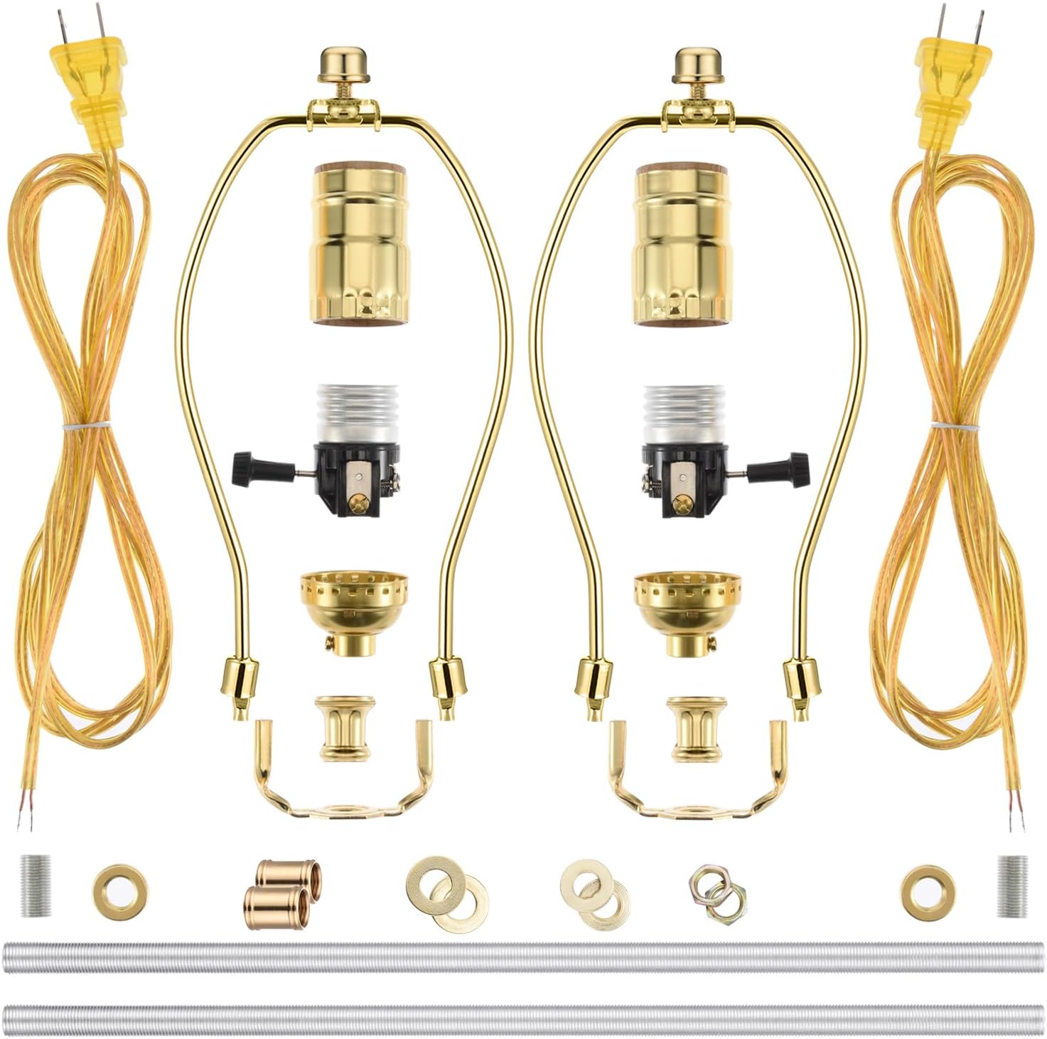 Canomo 2 Sets Table Lamp Kit Repair or DIY Lamp Kit with 8 Inch Harp, 2 Pieces 12" Lamp Pipe, 3-Way Socket and All Parts Needed and Instructions for DIY Lamp Design or Repair, Brass