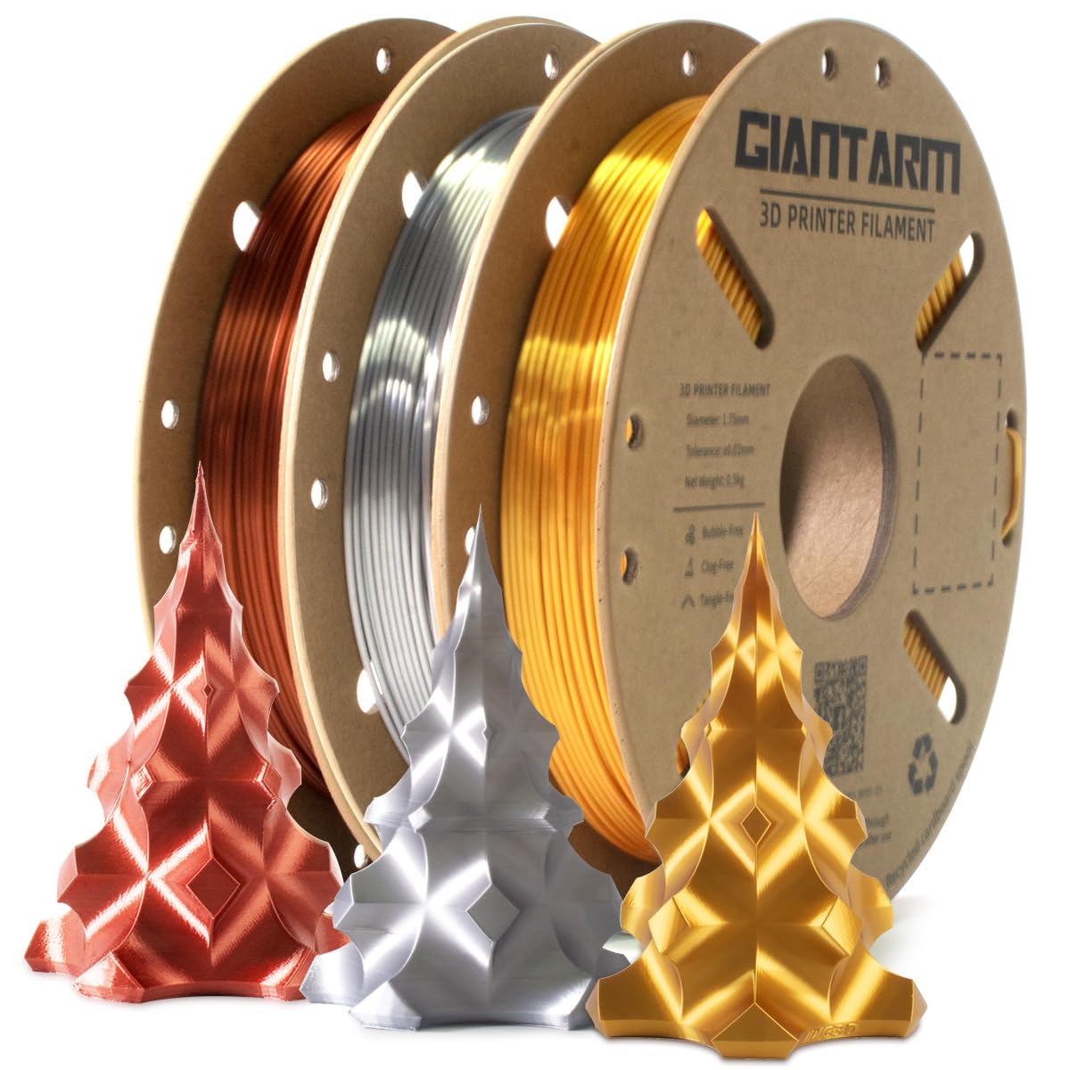 GIANTARM PLA Filament 1.75mm Bundle,Silk Gold Silver Copper PLA,0.5kg/Spool