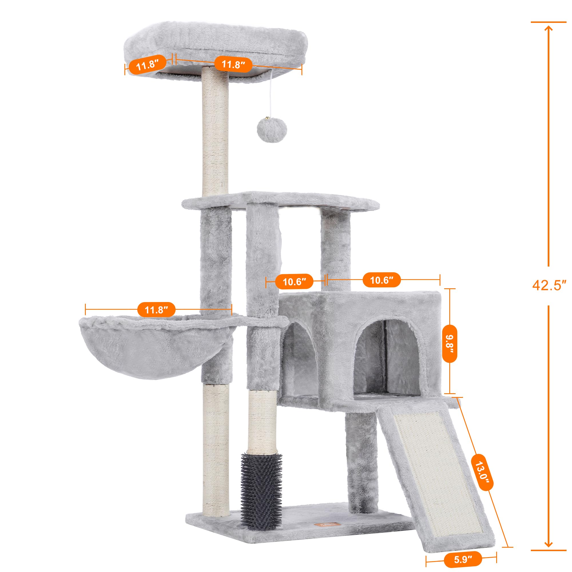 Heybly Cat Tree, Cat Tower Condo for Indoor Cats with Padded Plush Perch and Cat Self Groomer Brush,Cat House with Basket Scratching Board Post, Light Gray HCT005SW — view 3