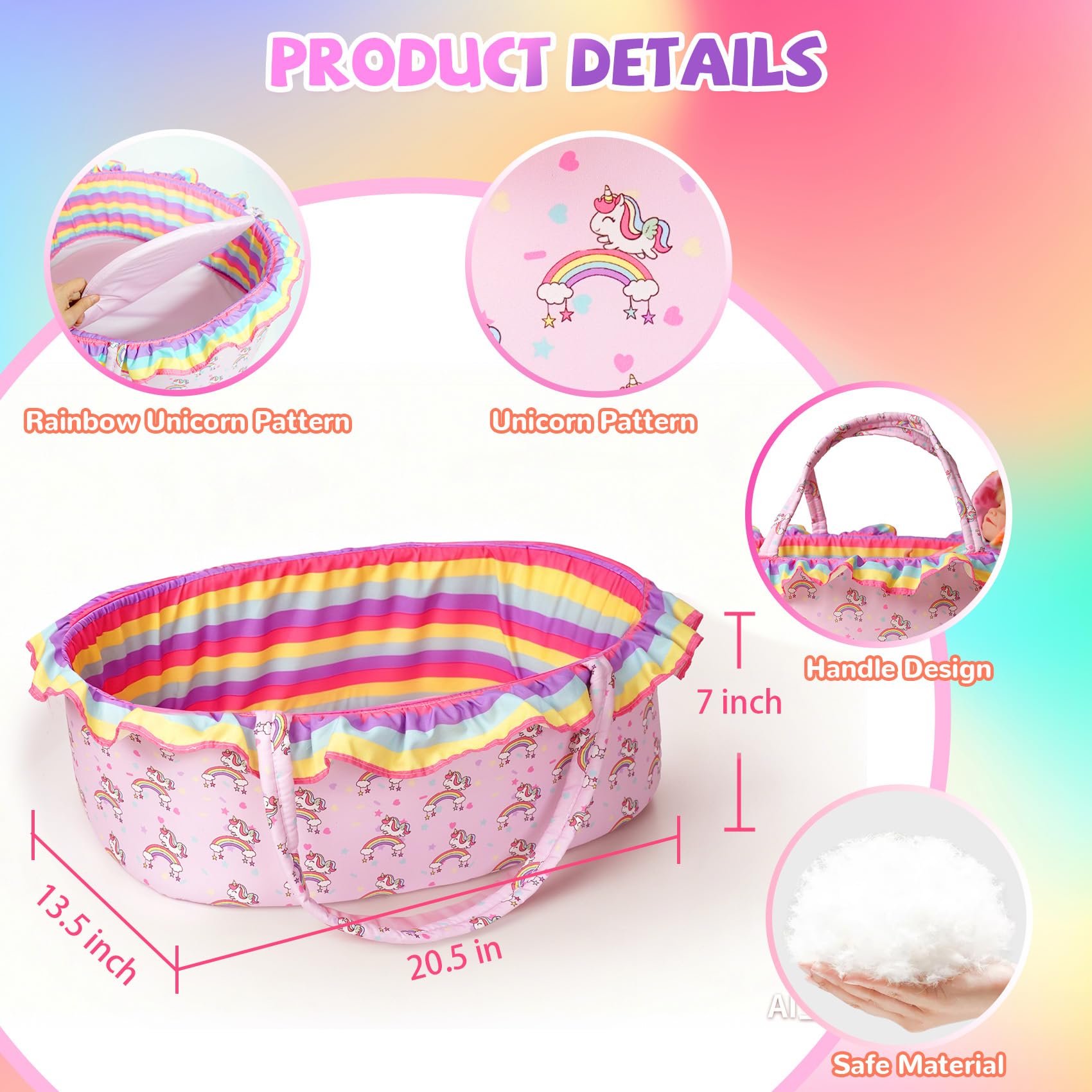 ARTST Reborn-Babypuppen-Kleidung mit Stubenwagen, Regenbogen-Einhorn, Reborn-Babypuppen-Zubehör, Outfit-Set für 43,2–55,9 cm Neugeborene, realistisches Spielzeuggeschenk für Mädchen im Alter von 3–12