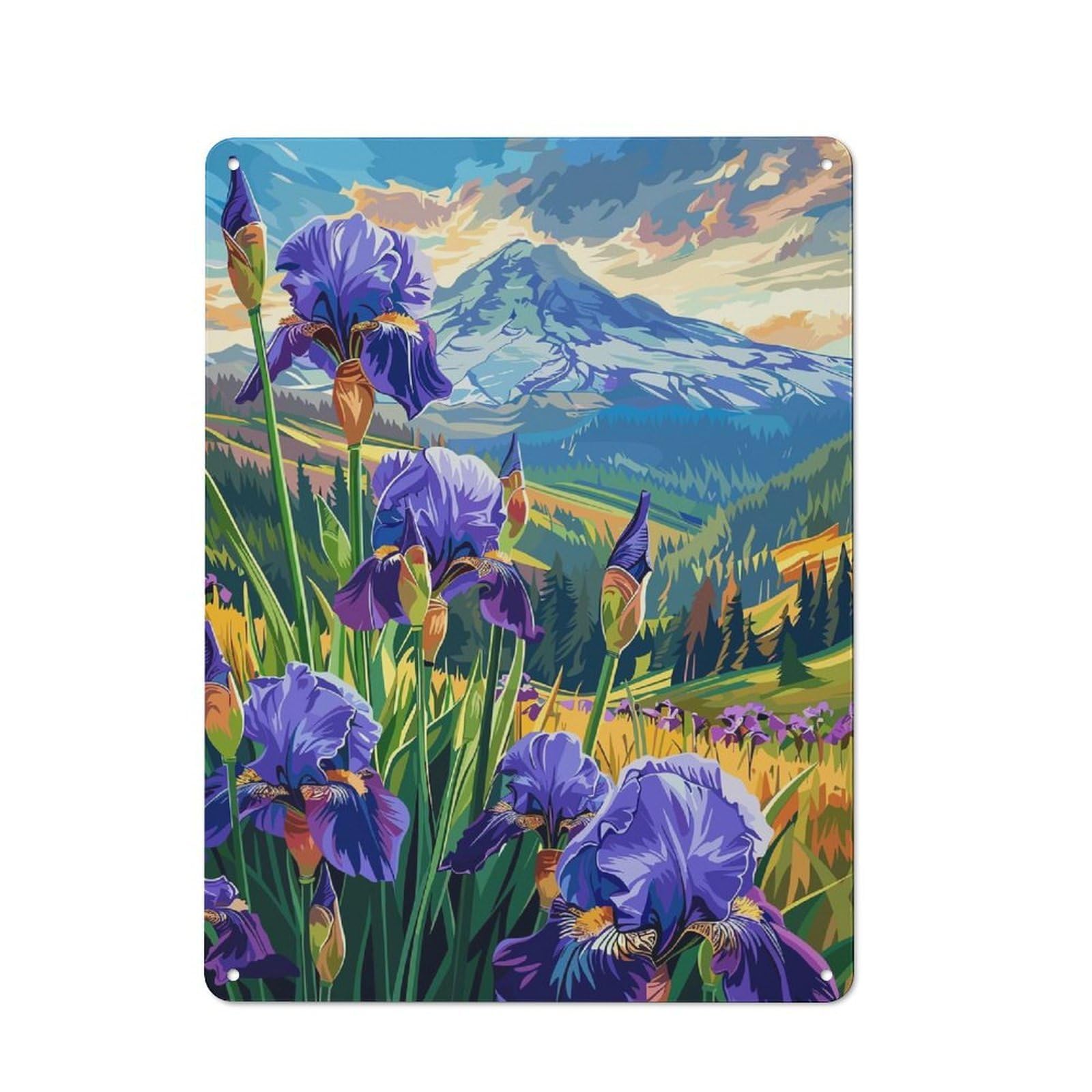 Junmoney Style-17 Irises And Mountain Peak Printed Metal Sign 40X30cm For Man Cave Or Games Room, Suited To Games Room Collectors