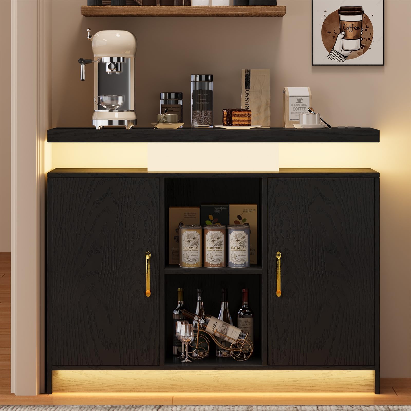 4 EVER WINNER Gabinete de buffet con luces LED con almacenamiento, aparador con estación de carga, armario para cafetería, almacenamiento de gabinete Credenza, color negro