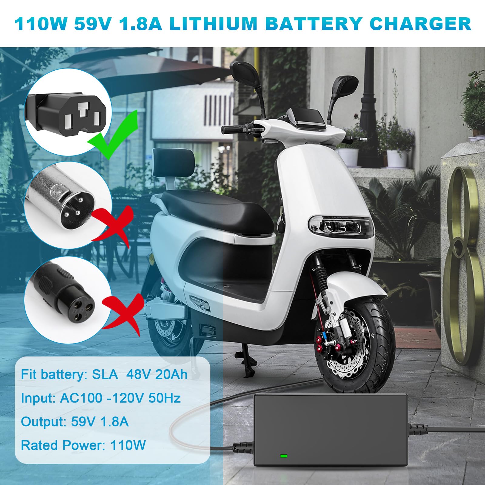 59V 1.8A para 48V 12AH Cargador de batería de plomo para bicicleta eléctrica Motor Bike - Adaptador de CA de enchufe de 3 agujeros 2