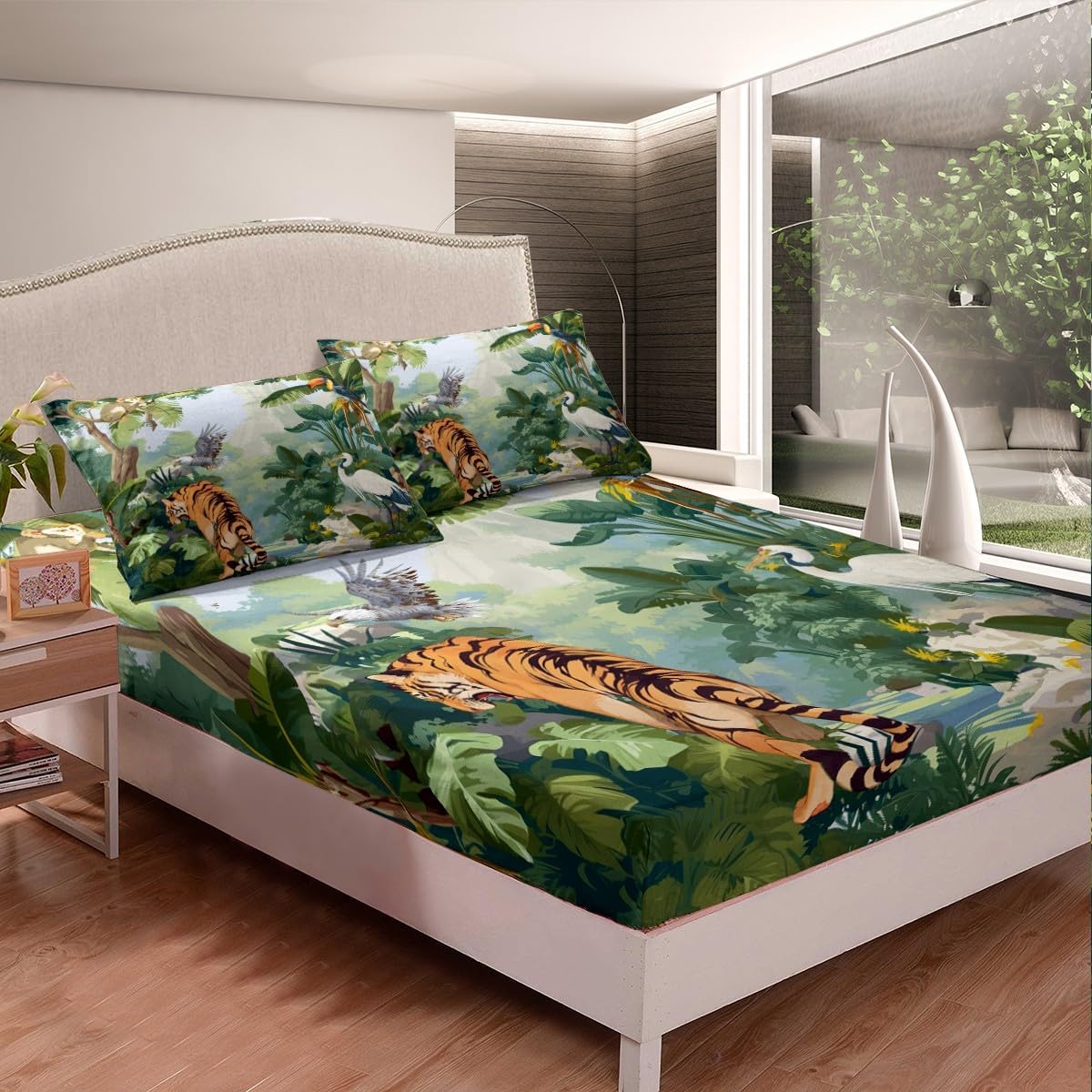 Castle Fairy Tiger Animal Bed Sheets Set with Pillowcase,Green Palm Leaves Jungle Bed Sheet for Boys Girls Teens,Rainforest Eagle Wildlife Top Flat Sheet Luxury Microfiber Bed Cover,Queen Size