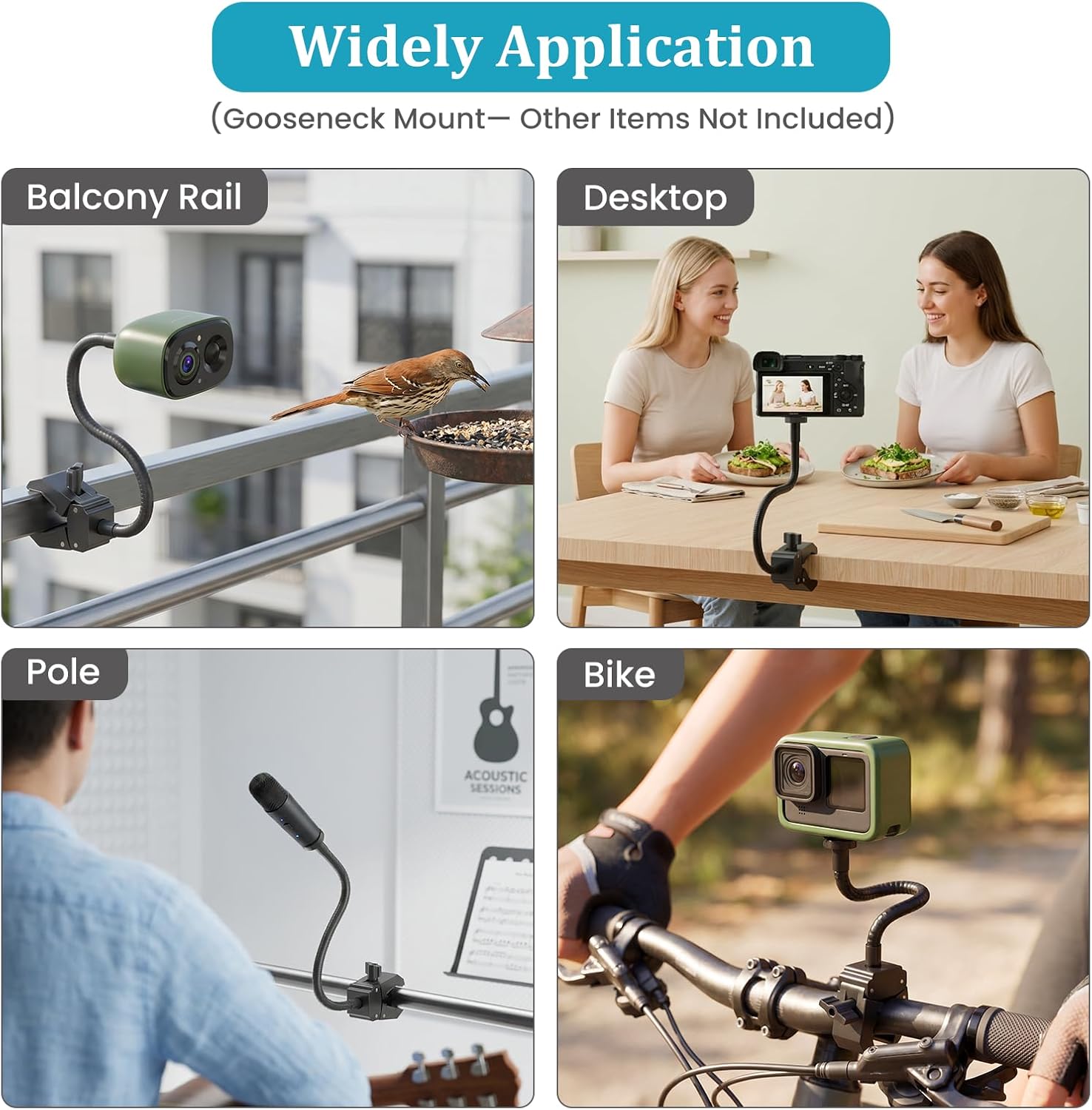 Gooseneck Clamp Camera Mount with 1/4" Screw, Clip Mounts for Handlebar, Desk, Tube, Cross Bar, Flexible 30cm Gooseneck Arm, Compatible with Go Pro, Ring, Google Nest, Wyze, and Arlo