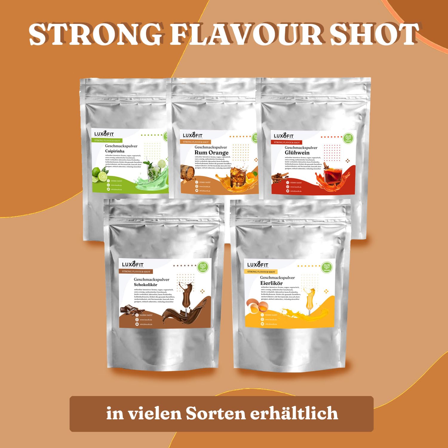 Luxofit STRONG FLAVOUR SHOT Kalorienarmes Geschmackspulver vielseitig einsetzbar für Lebensmittel, Vegan, Zuckerreduziert, Geschmacksvielfalt, Aromatisches Pulver (Pina Colada)